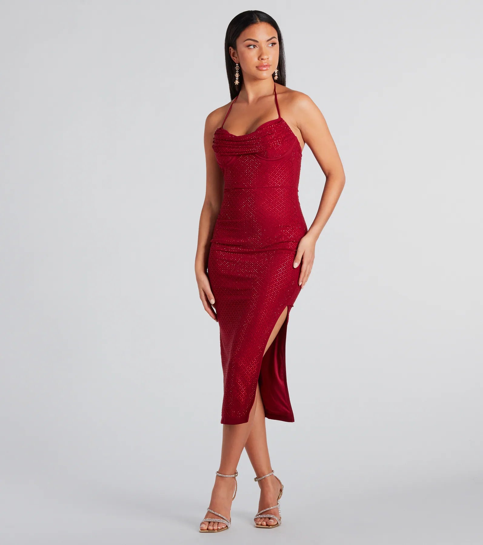 Josie Formal Rhinestone Cowl Halter Midi Dress - Image 5