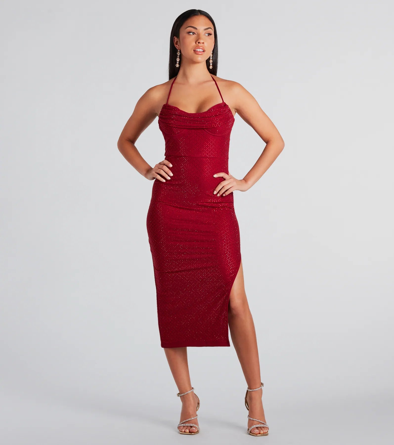 Josie Formal Rhinestone Cowl Halter Midi Dress - Image 7