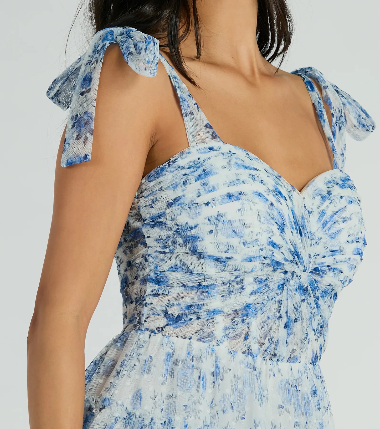 Brynne Formal Floral Mesh Ruffled Skater Dress - Image 4