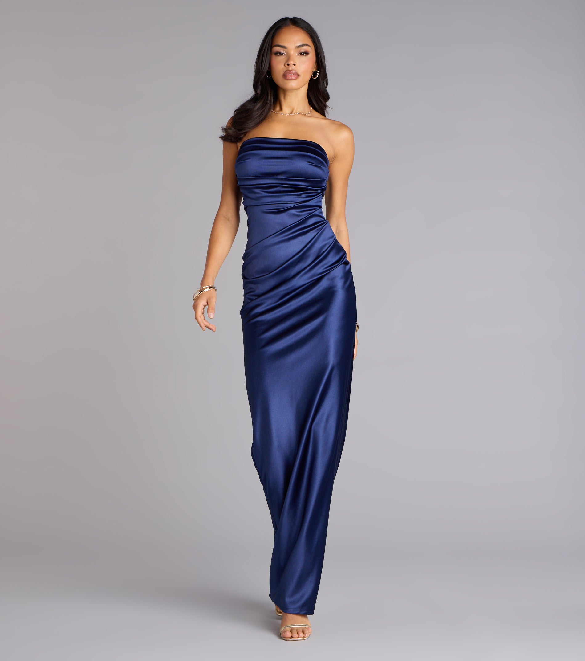Brianna Satin Strapless High Slit Column Dress - Image 17