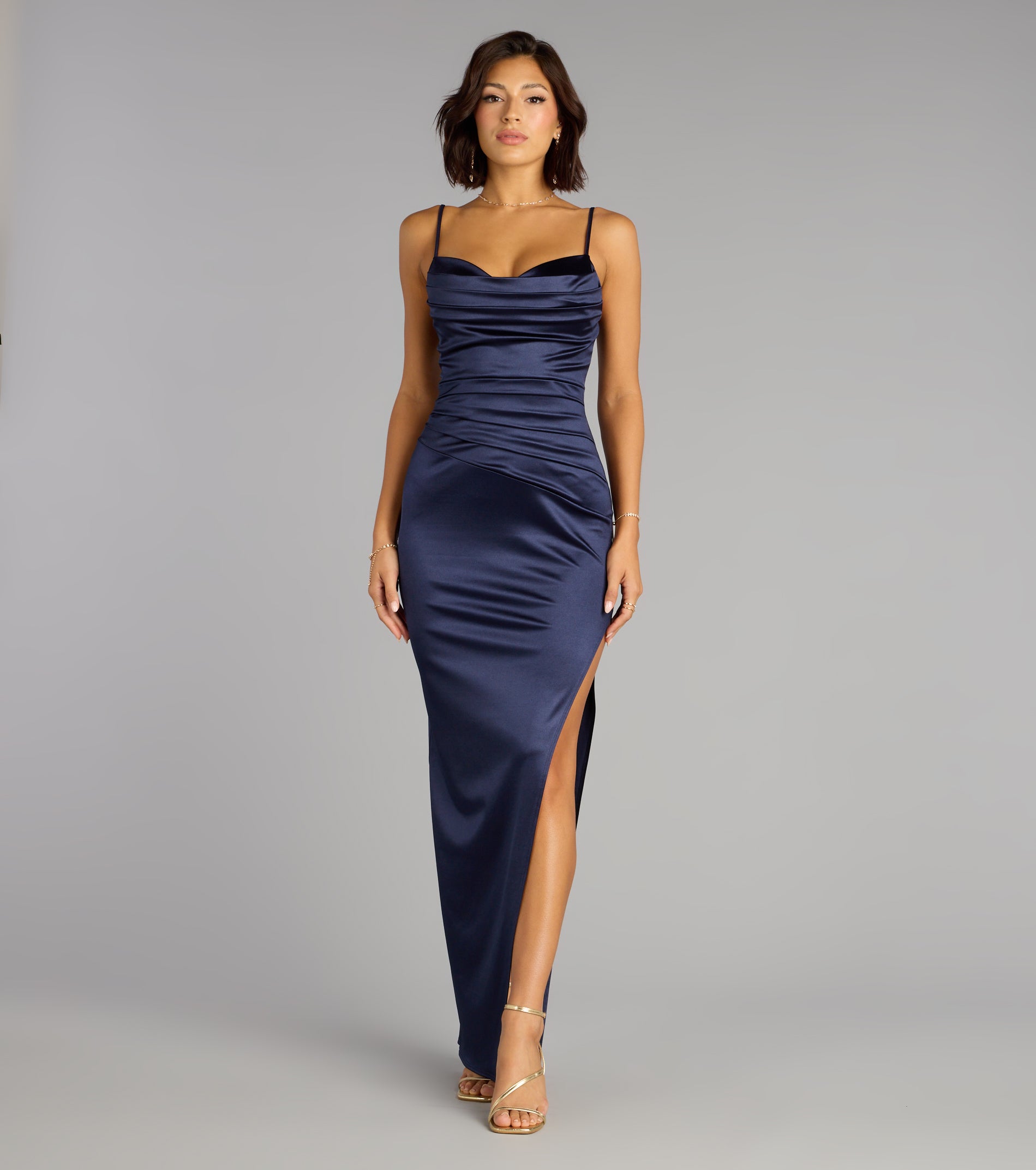 Alessia Satin Cowl Neck Slit Formal Dress - Image 5