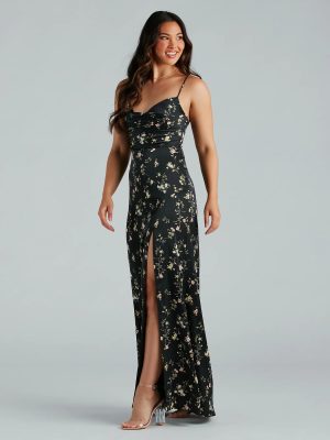 Mackenzie Formal Satin Floral Lace-Up Dress