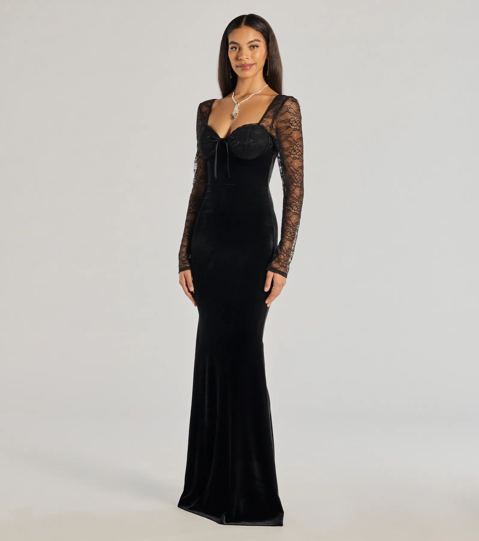 Jaya Long Sleeve Lace And Velvet Column Dress - Image 4