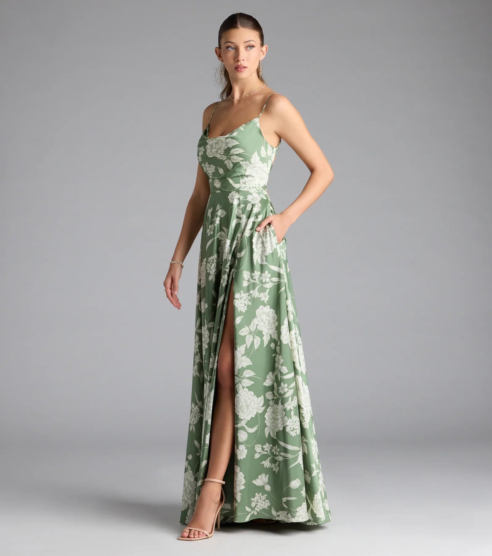 Robina Lace-Up A-Line Floral Satin Formal Dress - Image 4