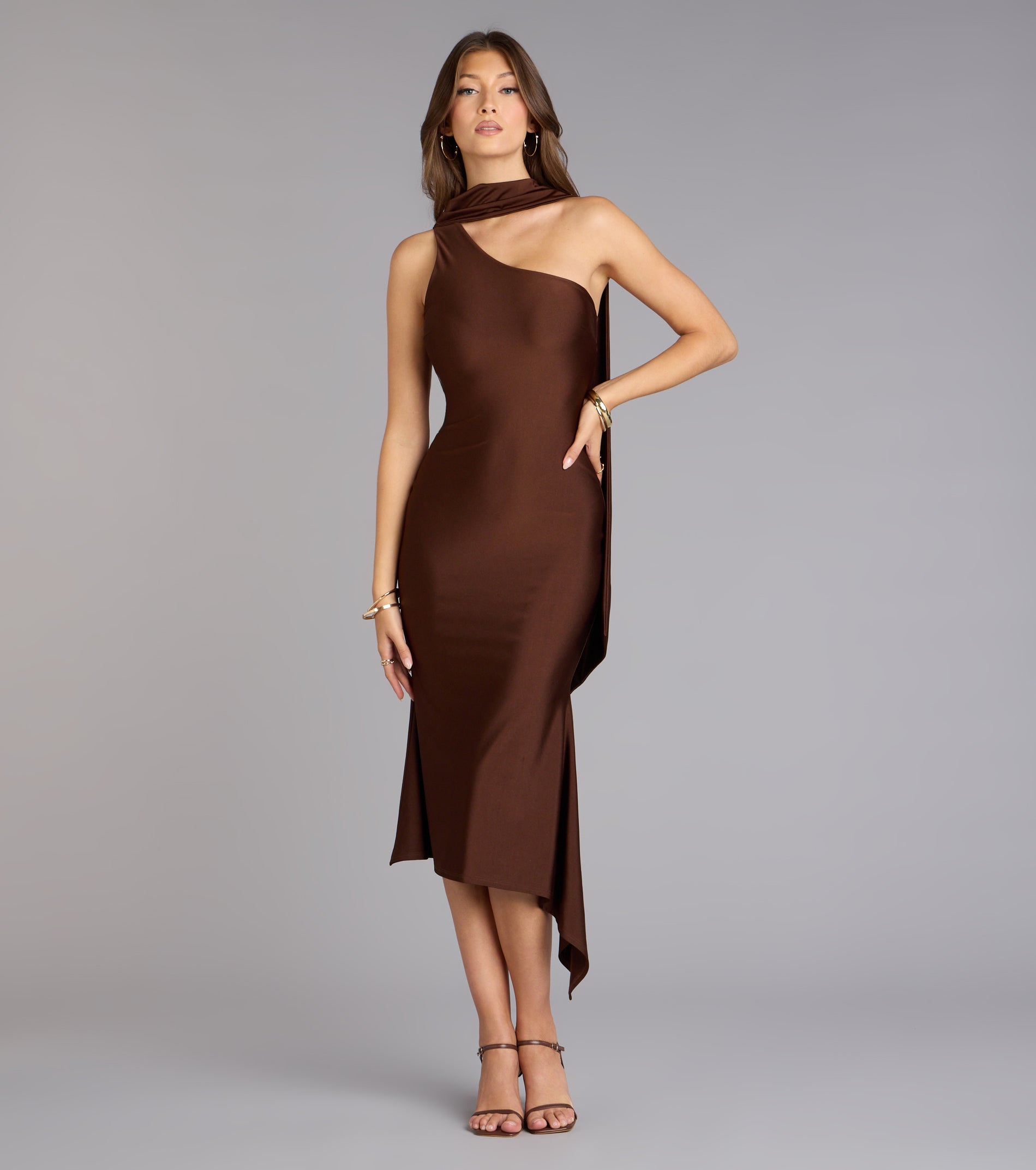 Street Strut Satin Midi Dress With Scarf - Image 5