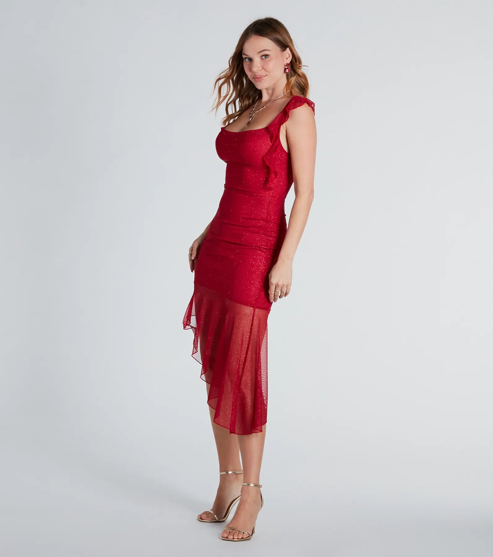 Feelin' Glam Glitter Mesh Ruffled Midi Dress - Image 3