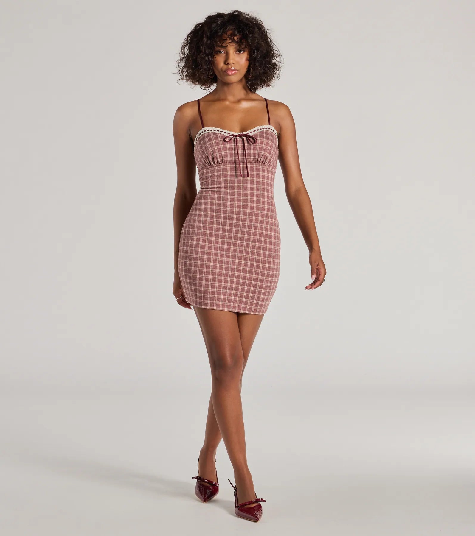 Flirty Silhouette Lace Trim Plaid Mini Dress - Image 3