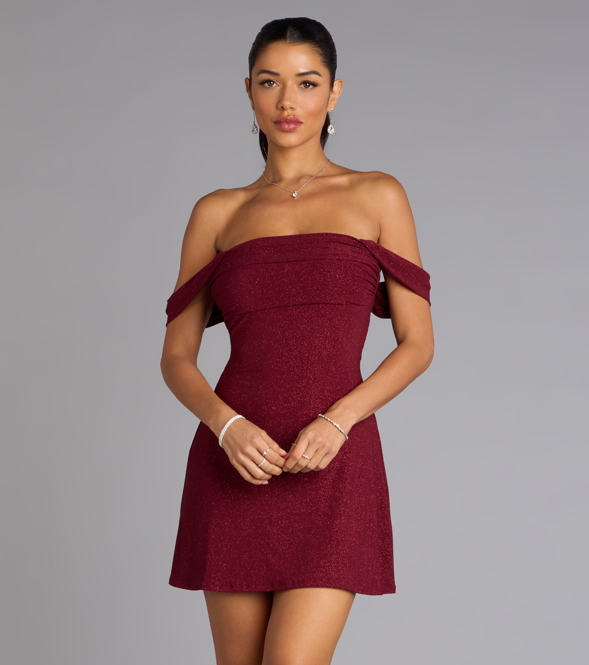 Classic Glitz Glitter Knit Off-The-Shoulder Mini Dress - Image 3