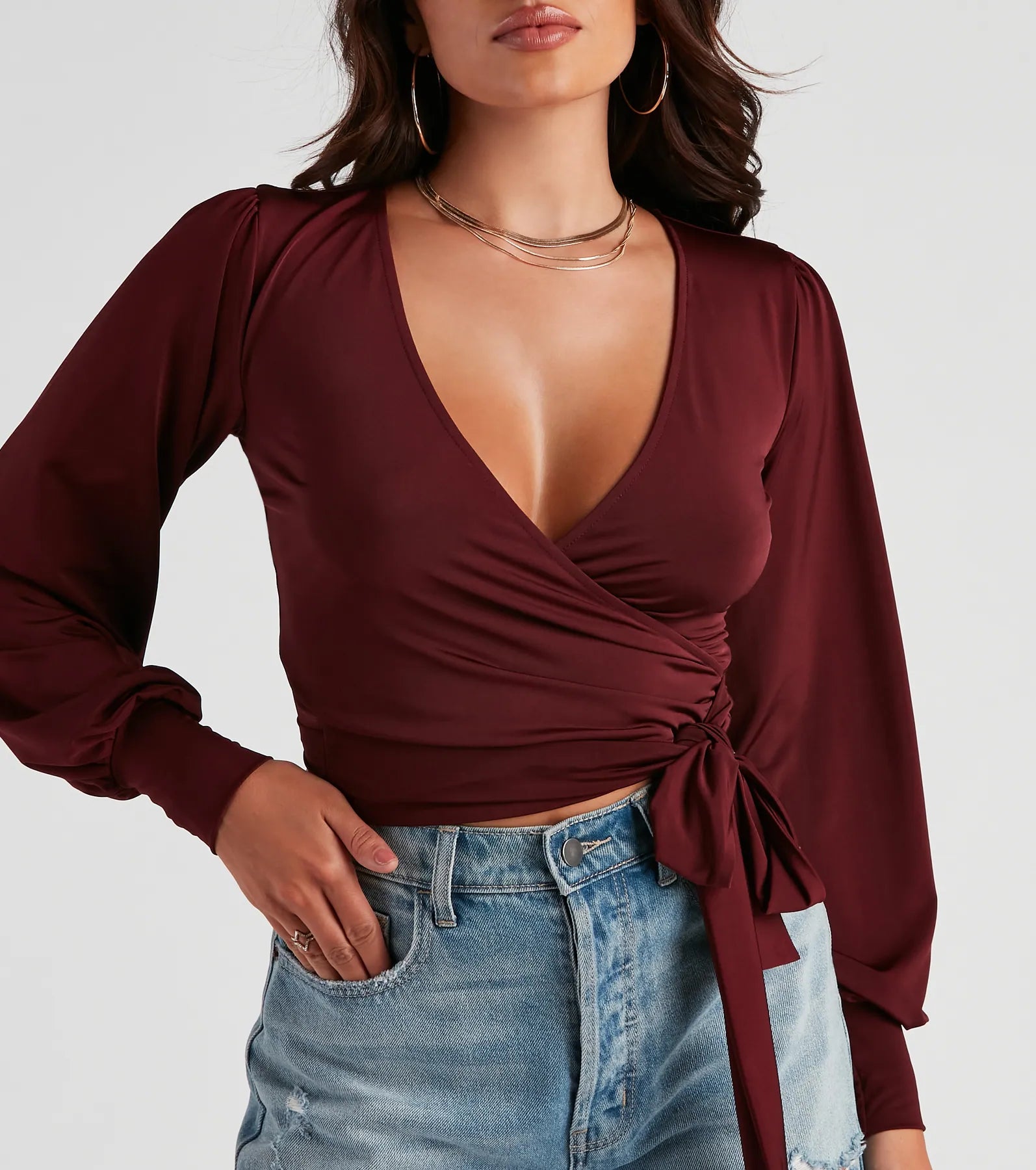 Slinky Knit Wrap Front Top - Image 43