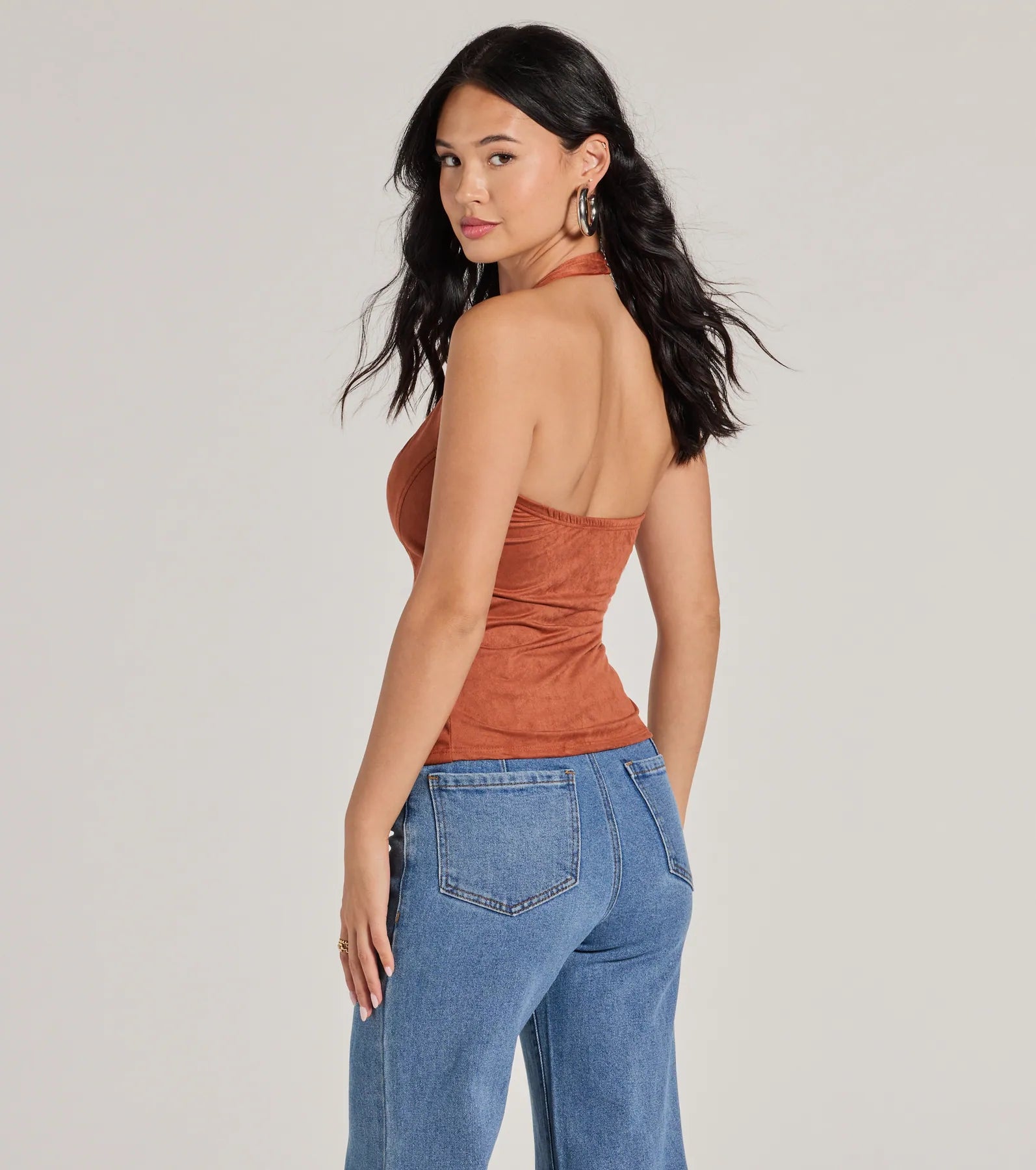 Country Girlie Halter Lace-Up Faux Suede Crop Top - Image 2