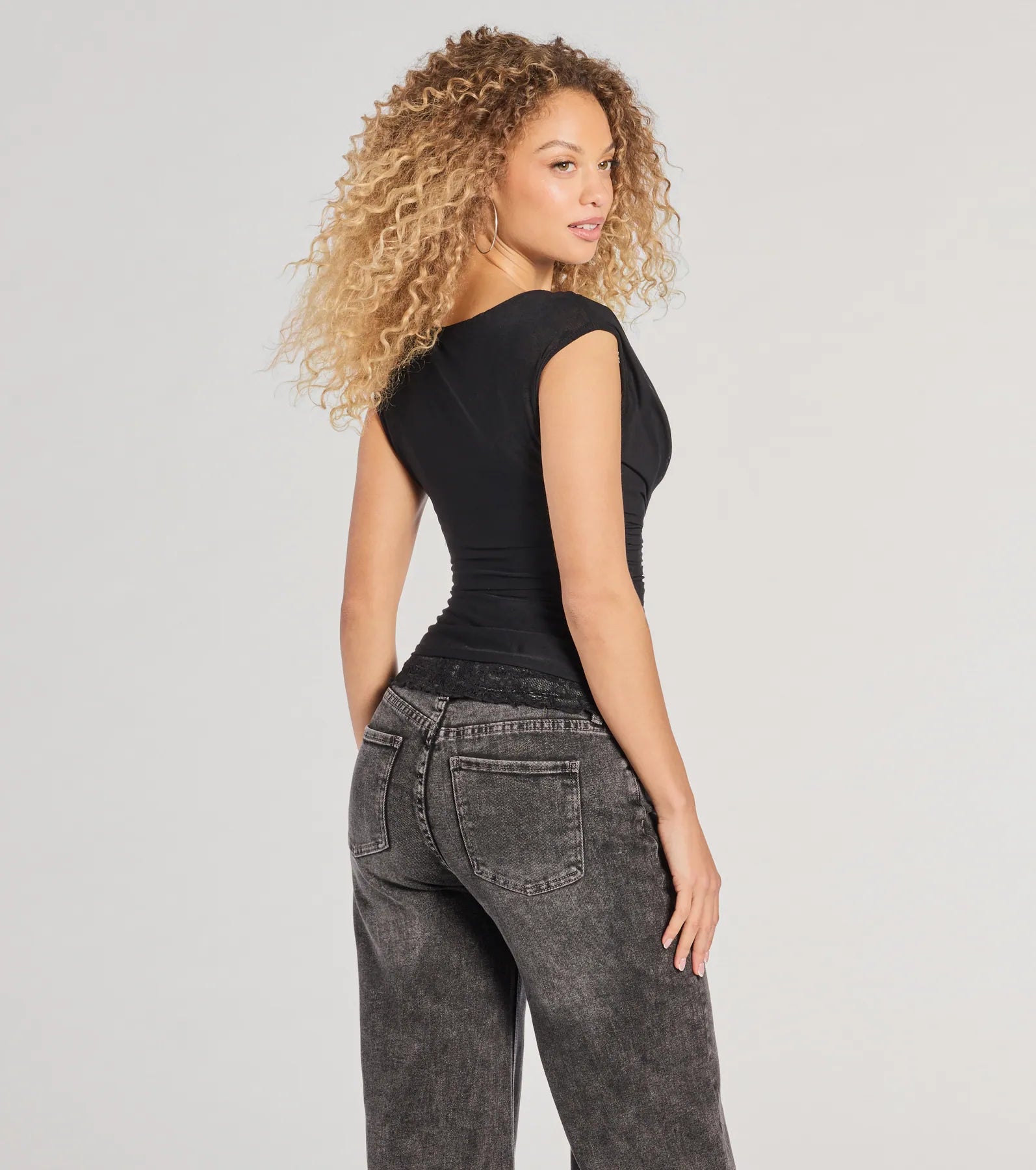 Just A Peek Cap Sleeve Lace Mesh Crop Top - Image 2