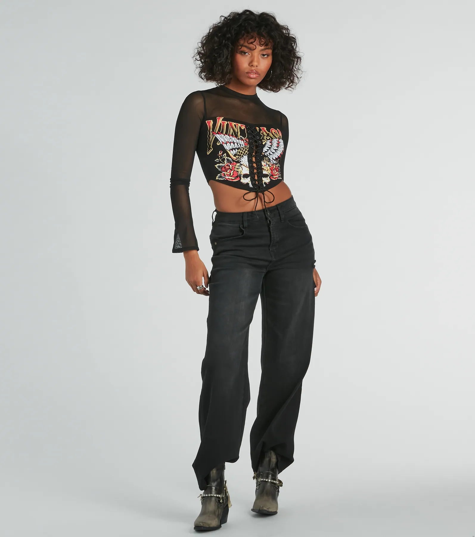 Vintage Lace-Up Mesh Graphic Crop Top - Image 3