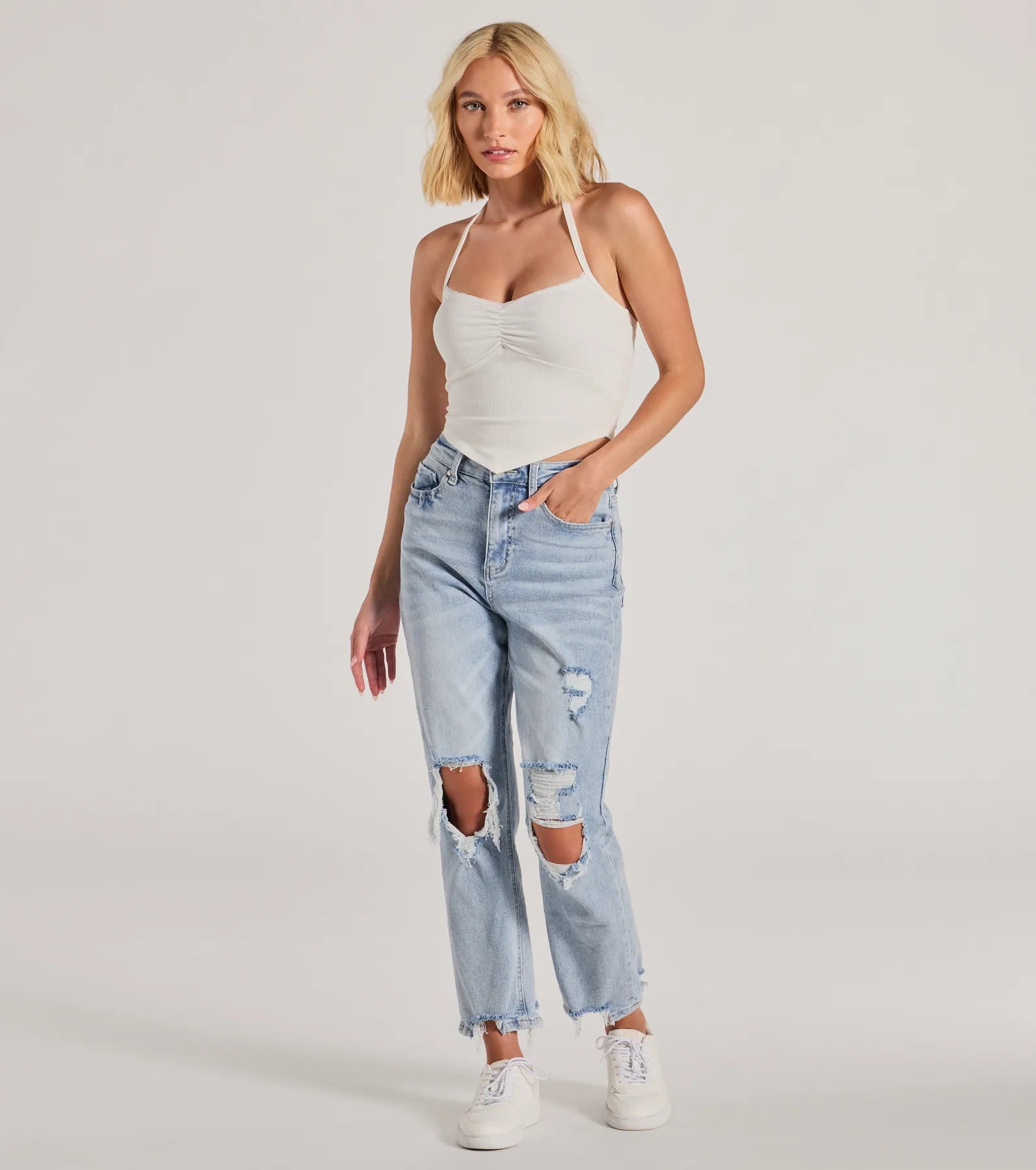 All Day Darling Halter V-Neck Lace Trim Crop Top - Image 3