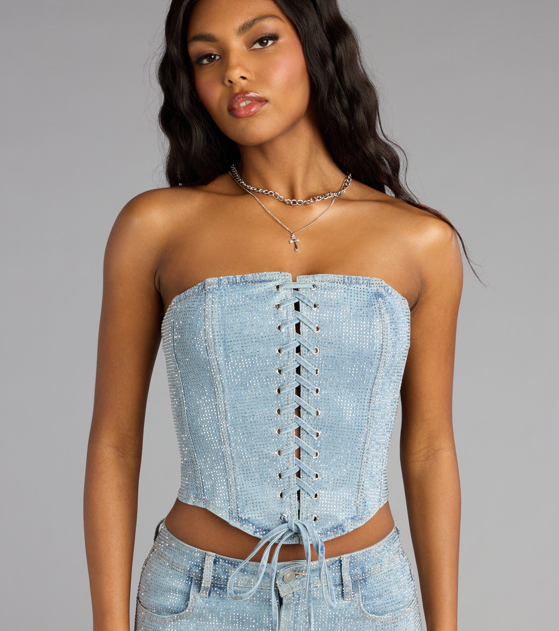 Crystal Crush Lace Up Denim Corset Top - Image 5