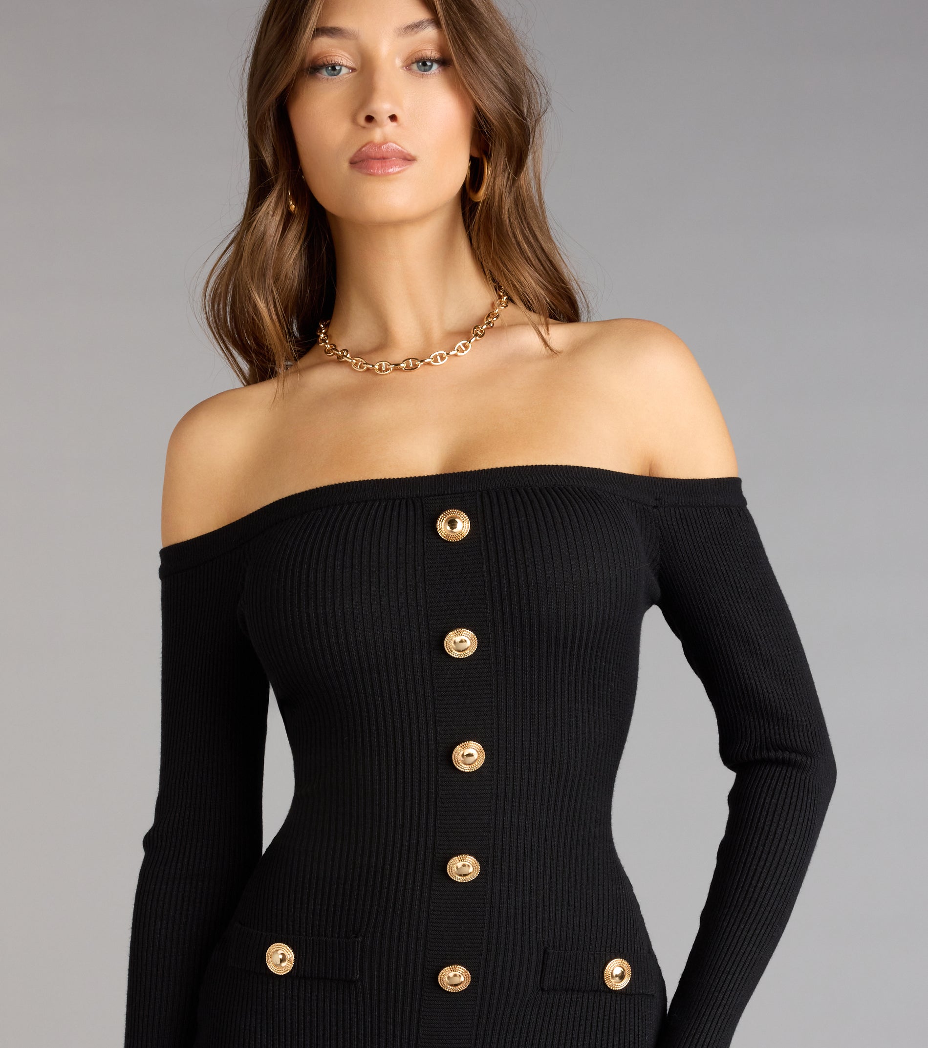 Buttoned Up Charm Off-The-Shoulder Mini Dress - Image 4