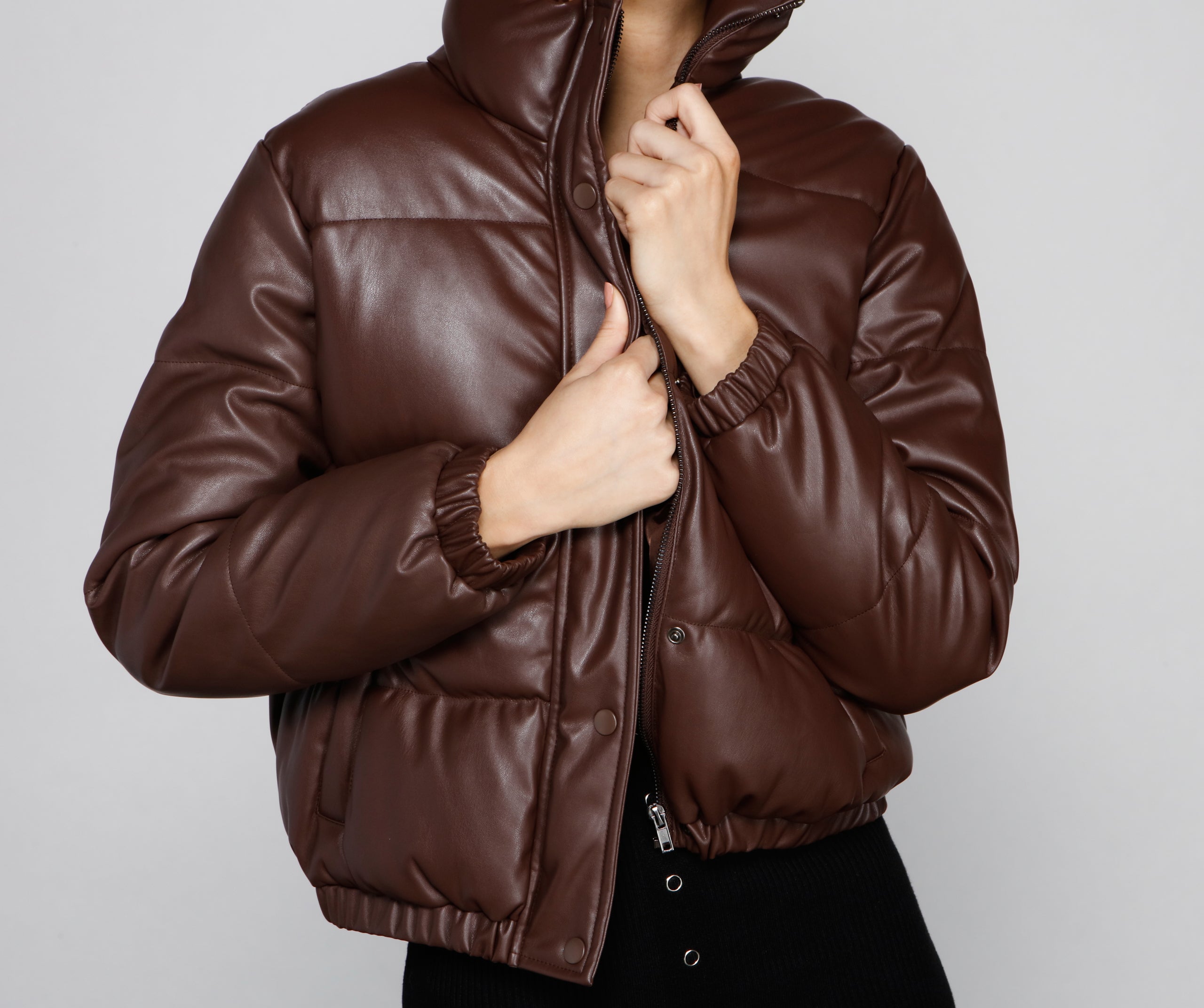 Stylish Edge Faux Leather Puffer Jacket - Image 16