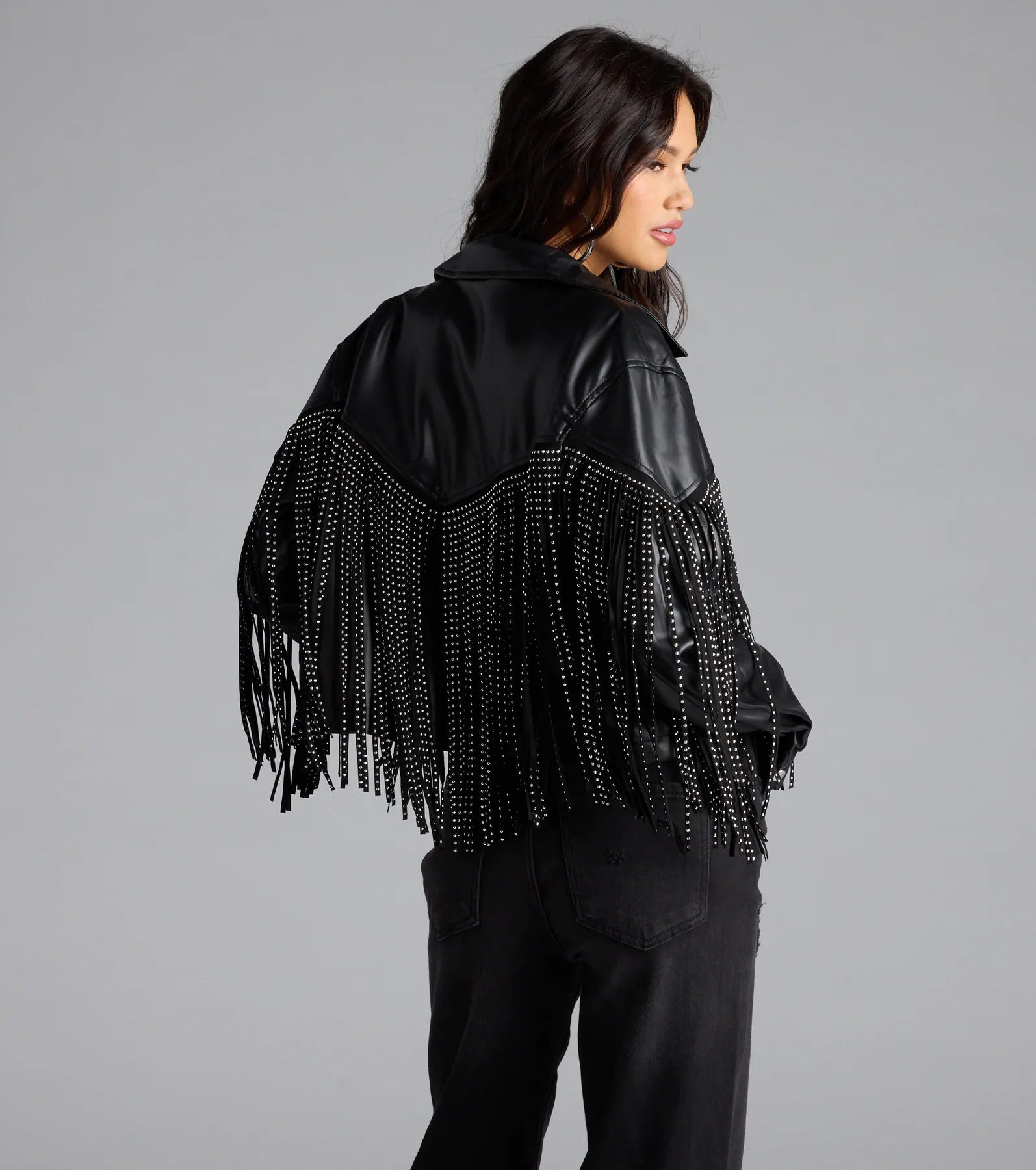 Cause A Scene Stud Fringe Faux Leather Shacket - Image 6