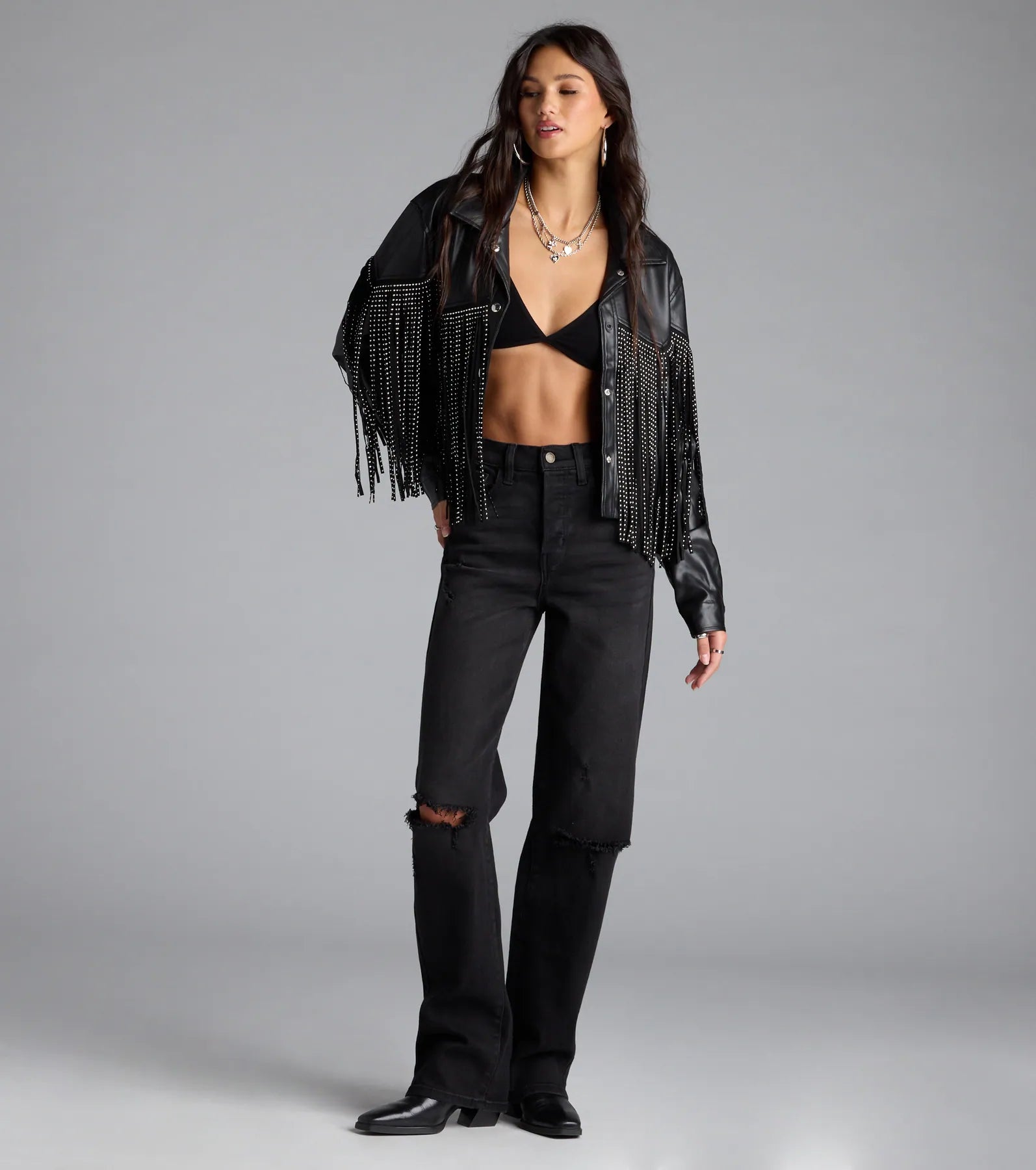Cause A Scene Stud Fringe Faux Leather Shacket - Image 7