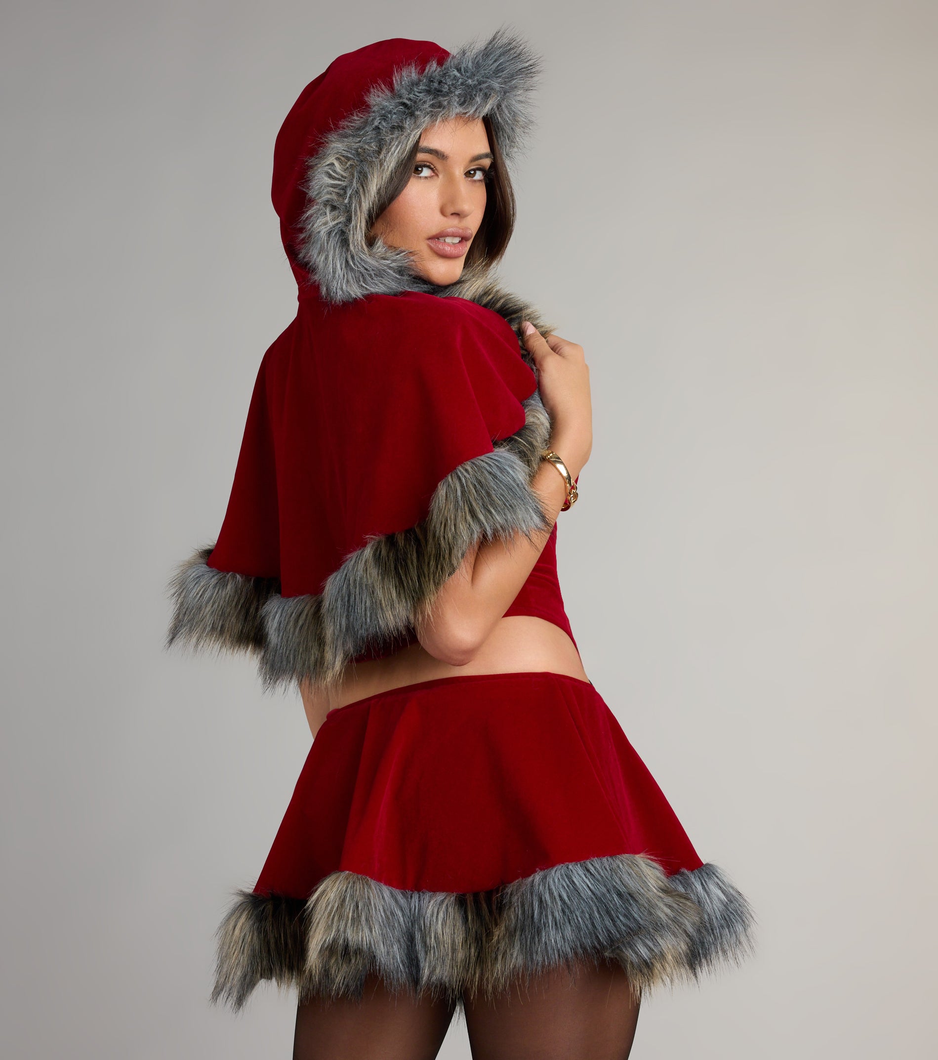 Little Red Velvet Hooded Cape - Image 3