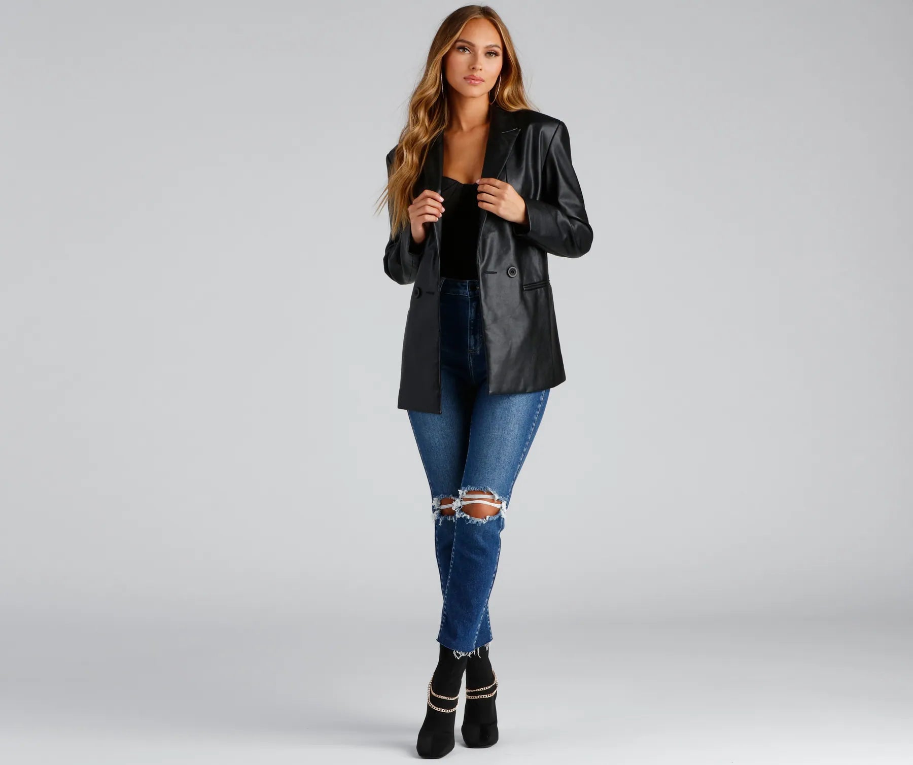 Trendy Oversized Faux Leather Blazer - Image 12