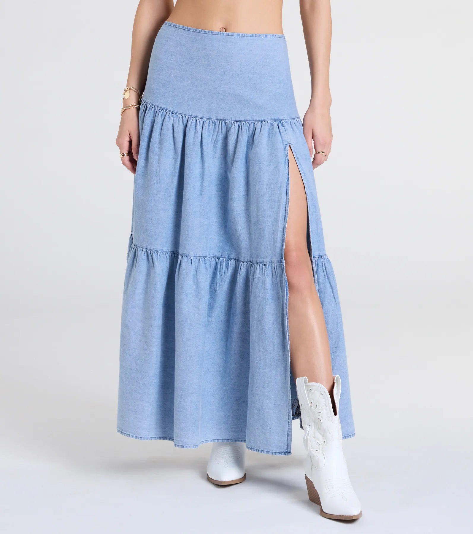 Western Cutie Tiered Chambray Maxi Skirt - Image 4