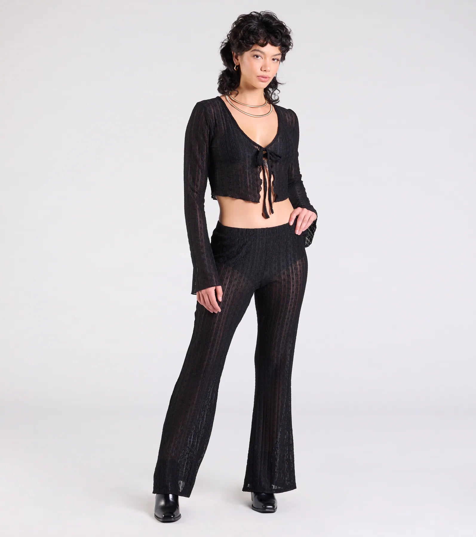 PLACEHOLDER - Bohemian Chic Sheer Lace Flare Pants - Image 2