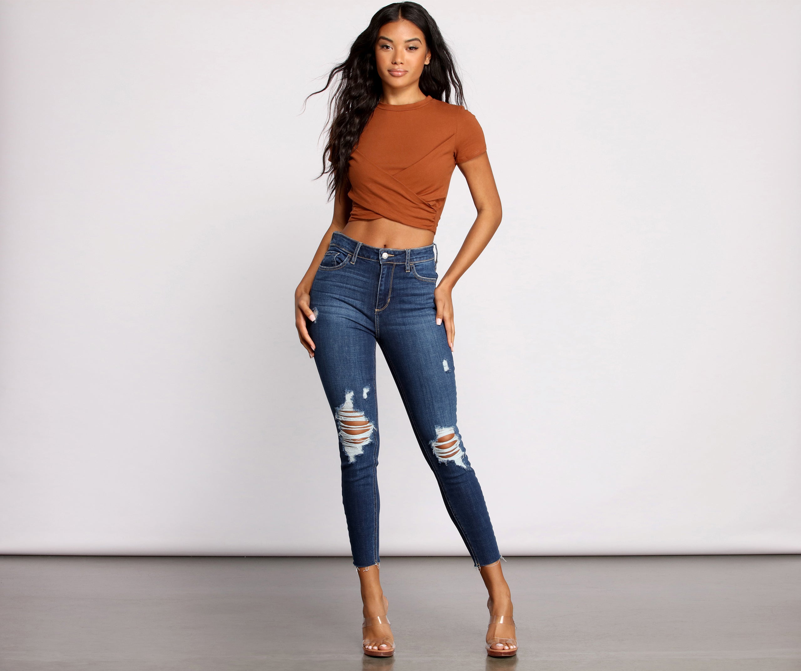 High Rise Destructed Cropped Skinny Jeans - Image 4