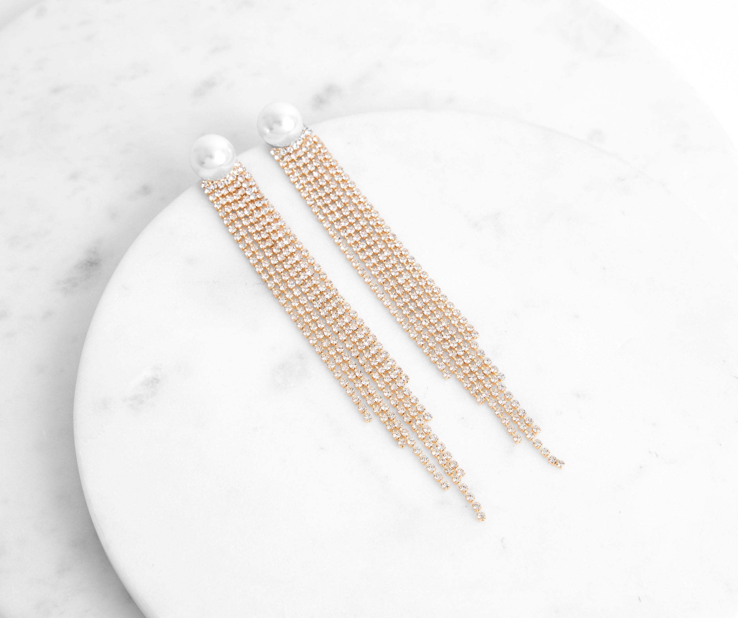 Pearl Rhinestone Fringe Duster Earrings