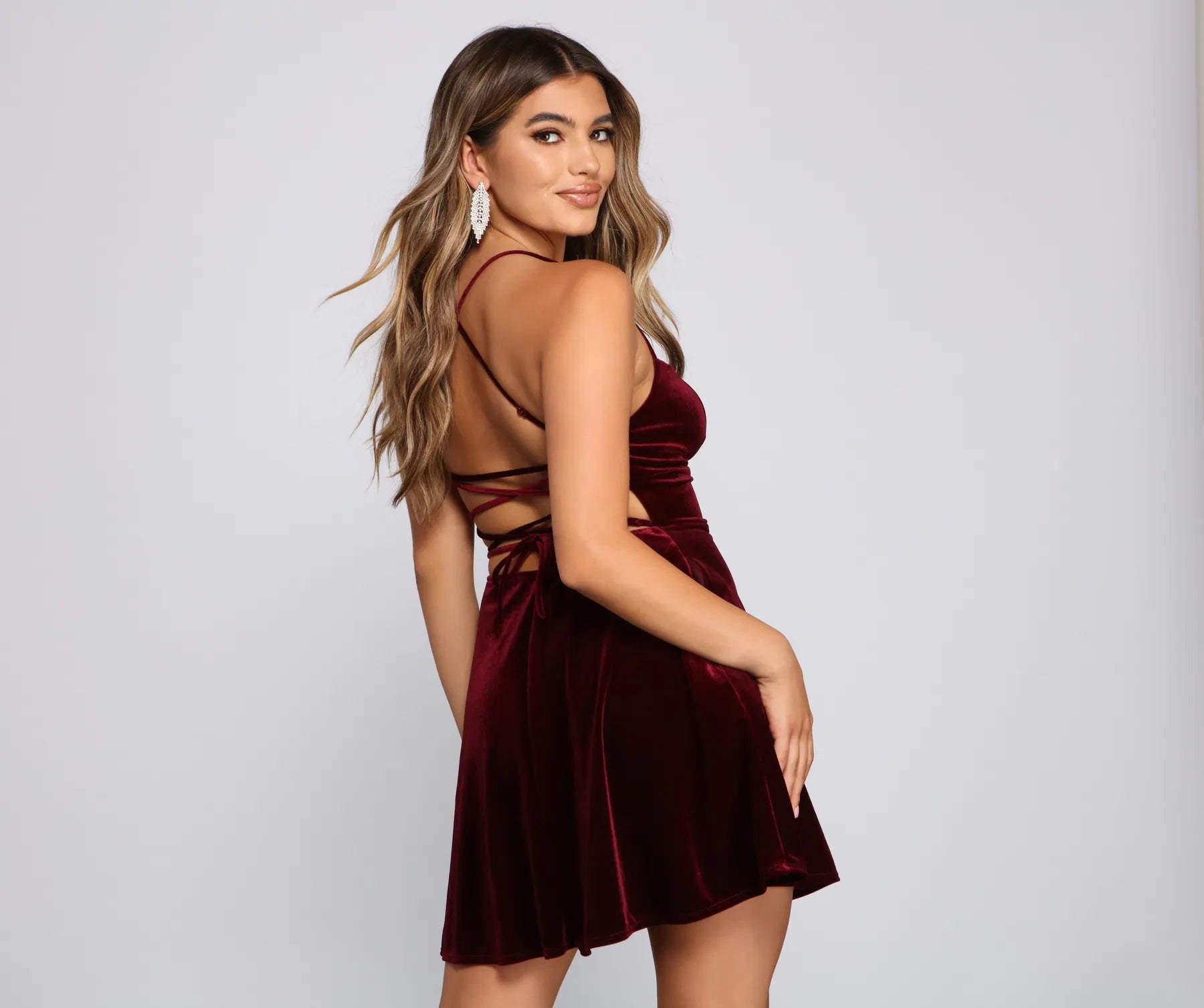 Amelia Lace-Up Back Velvet Skater Dress - Image 2