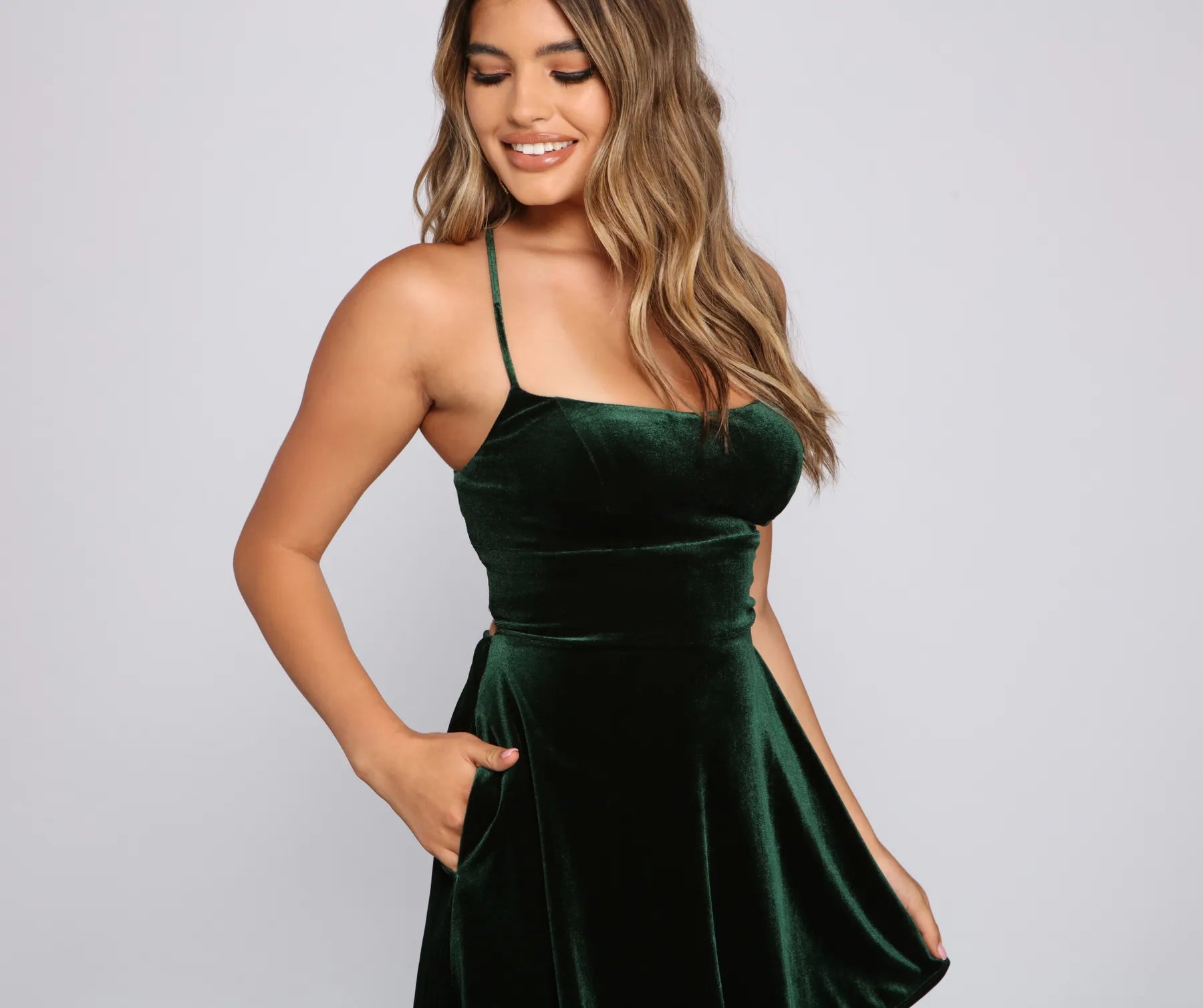 Amelia Lace-Up Back Velvet Skater Dress - Image 8