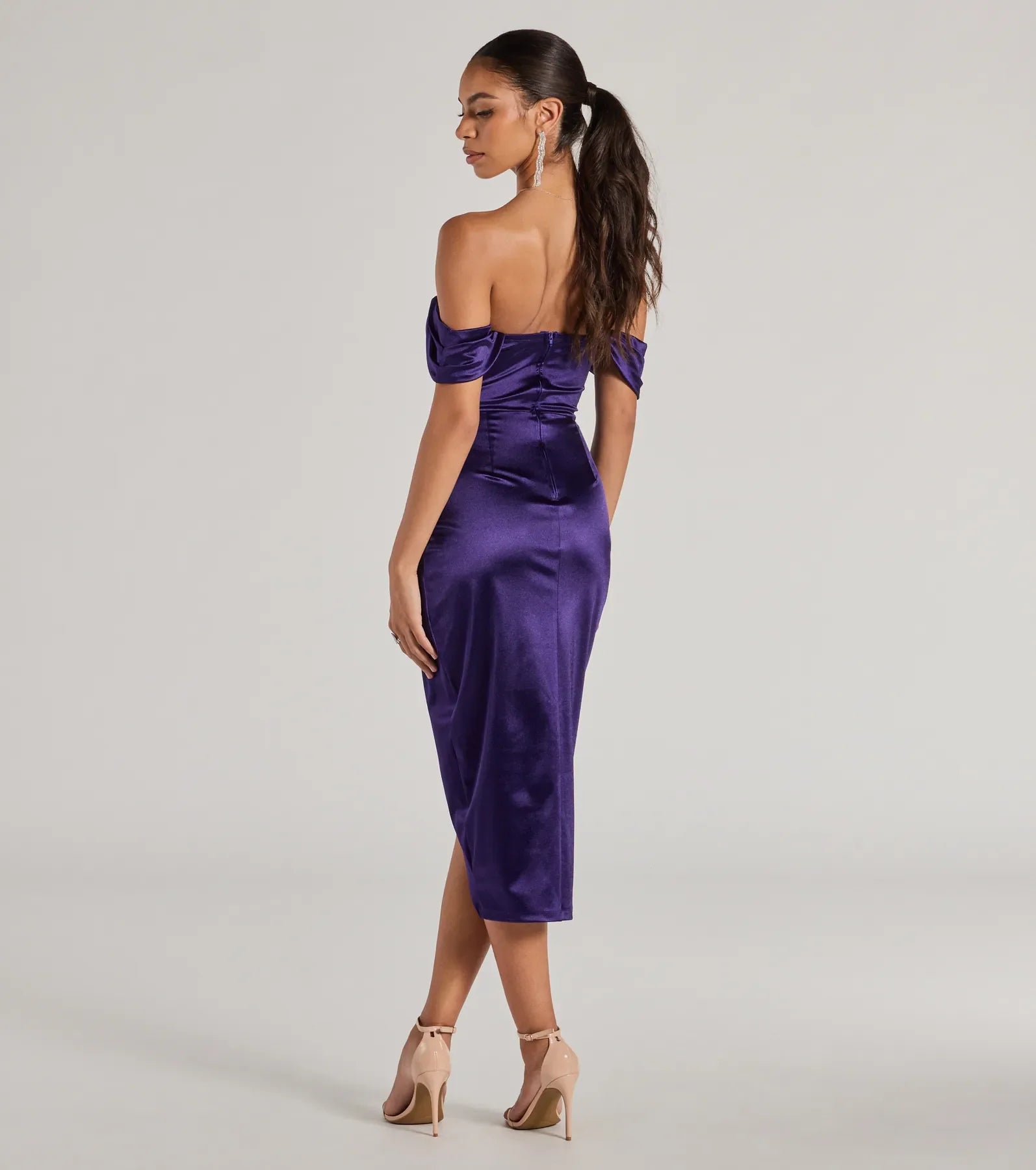 Gaia Satin Off-The-Shoulder Wrap Midi Dress - Image 2