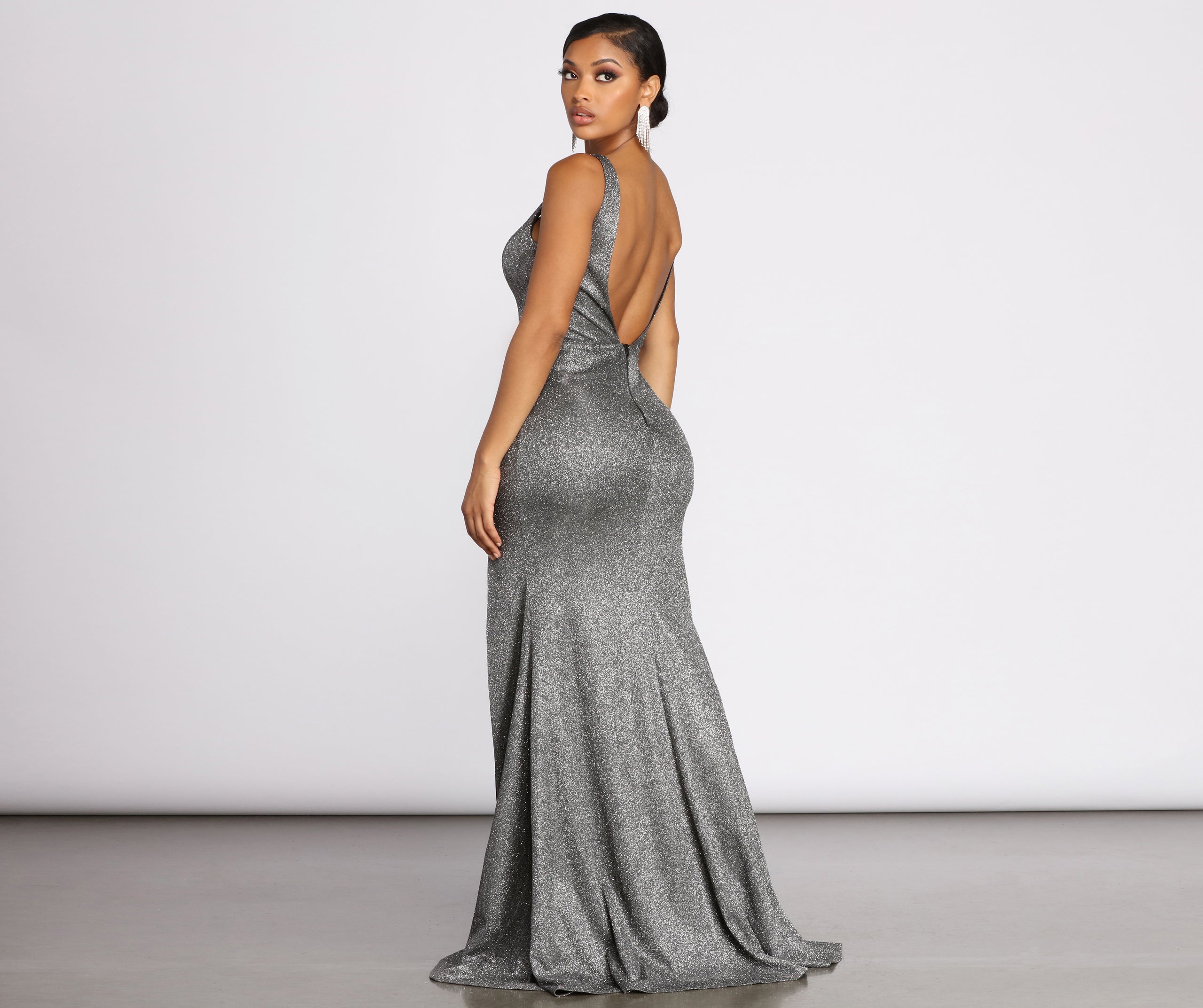 Venetia Glitter High Slit Deep V Dress - Image 2
