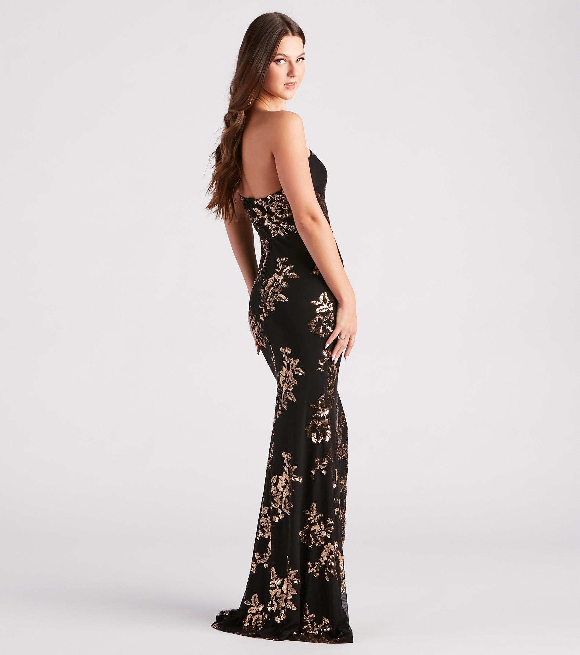 Kamryn Floral Sequin High Slit Formal Dress - Image 2