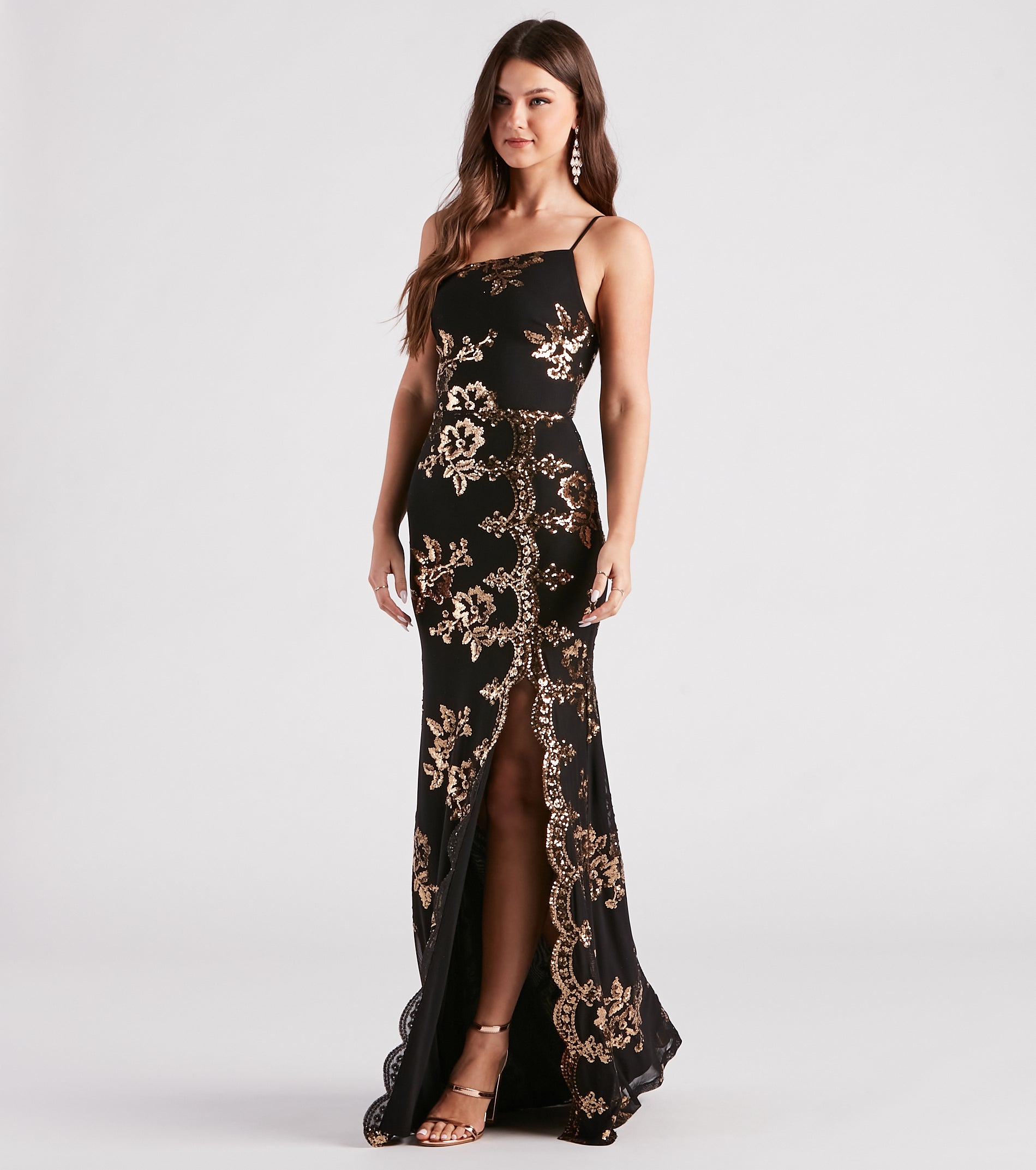 Kamryn Floral Sequin High Slit Formal Dress - Image 3
