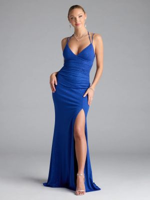 Ariadna Strappy Open Back Slit Glitter Formal Dress