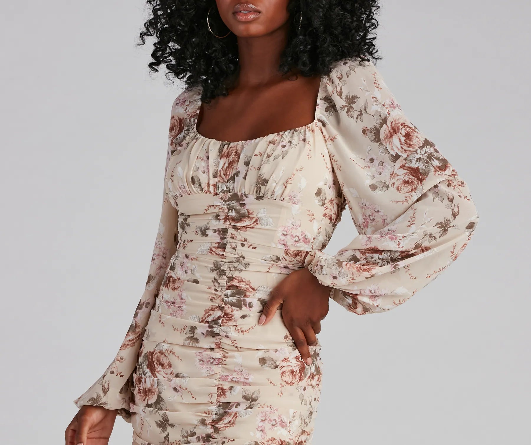 Vintage Rose Crepe Ruched Mini Dress - Image 3