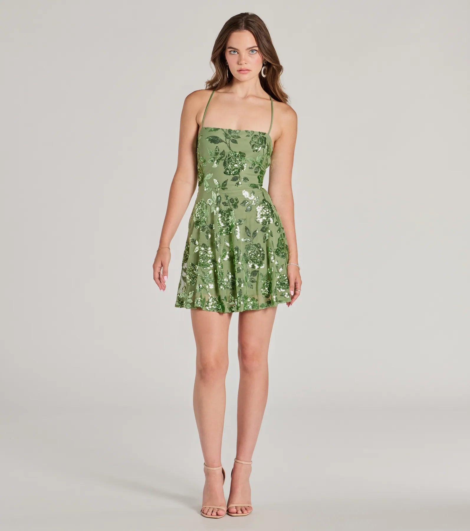 Sparkling Beauty Lace-Up Floral Sequin Skater Dress - Image 3