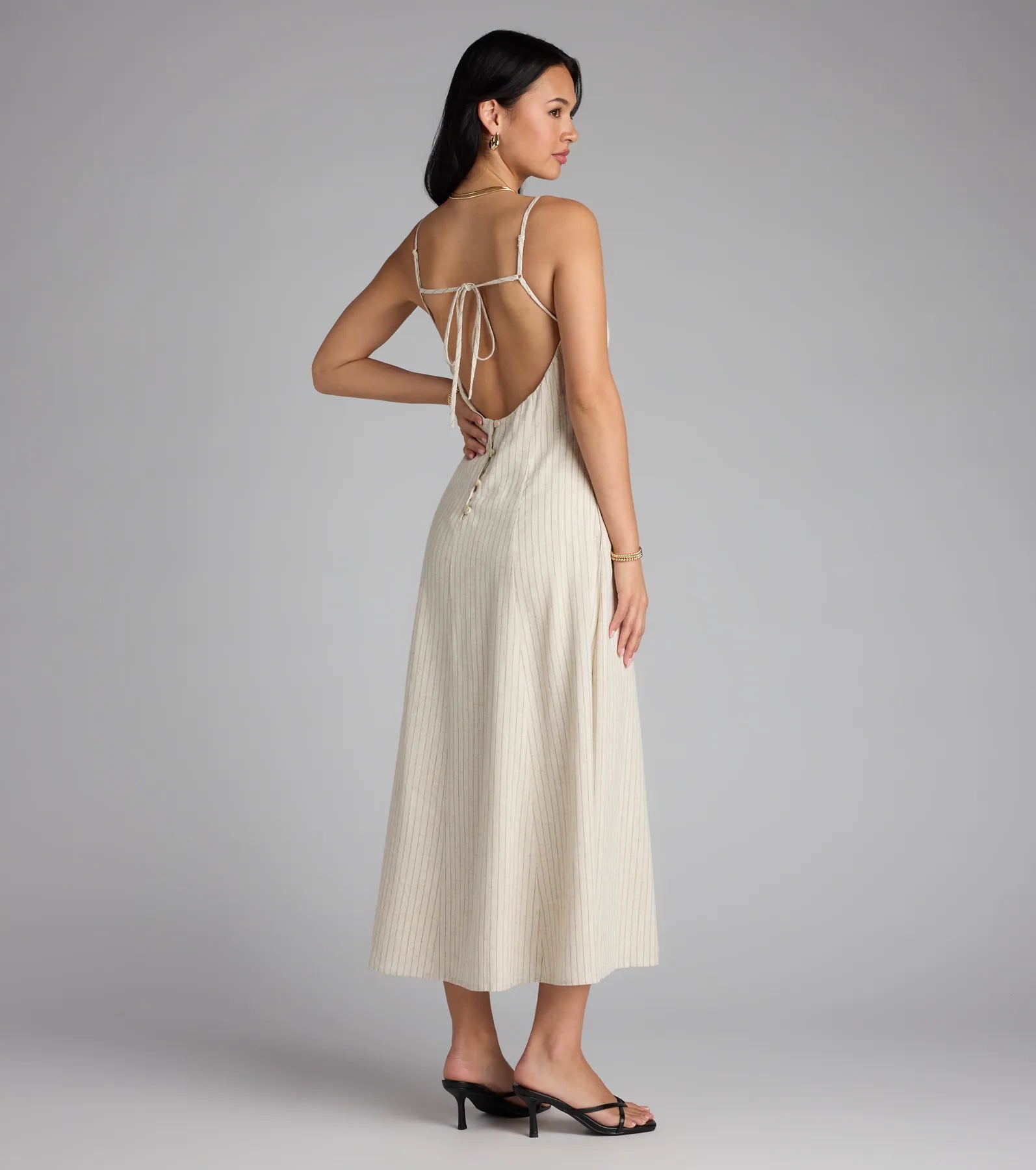 Chic Twist Tie-Back Striped Midi Dress - Image 2