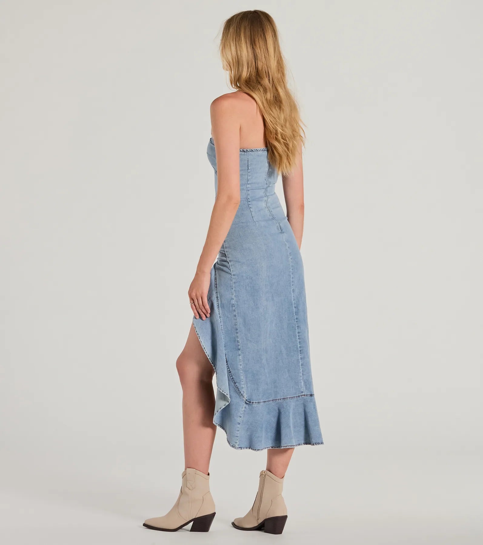 Admiring Style Strapless Ruffle High Low Denim Dress - Image 2