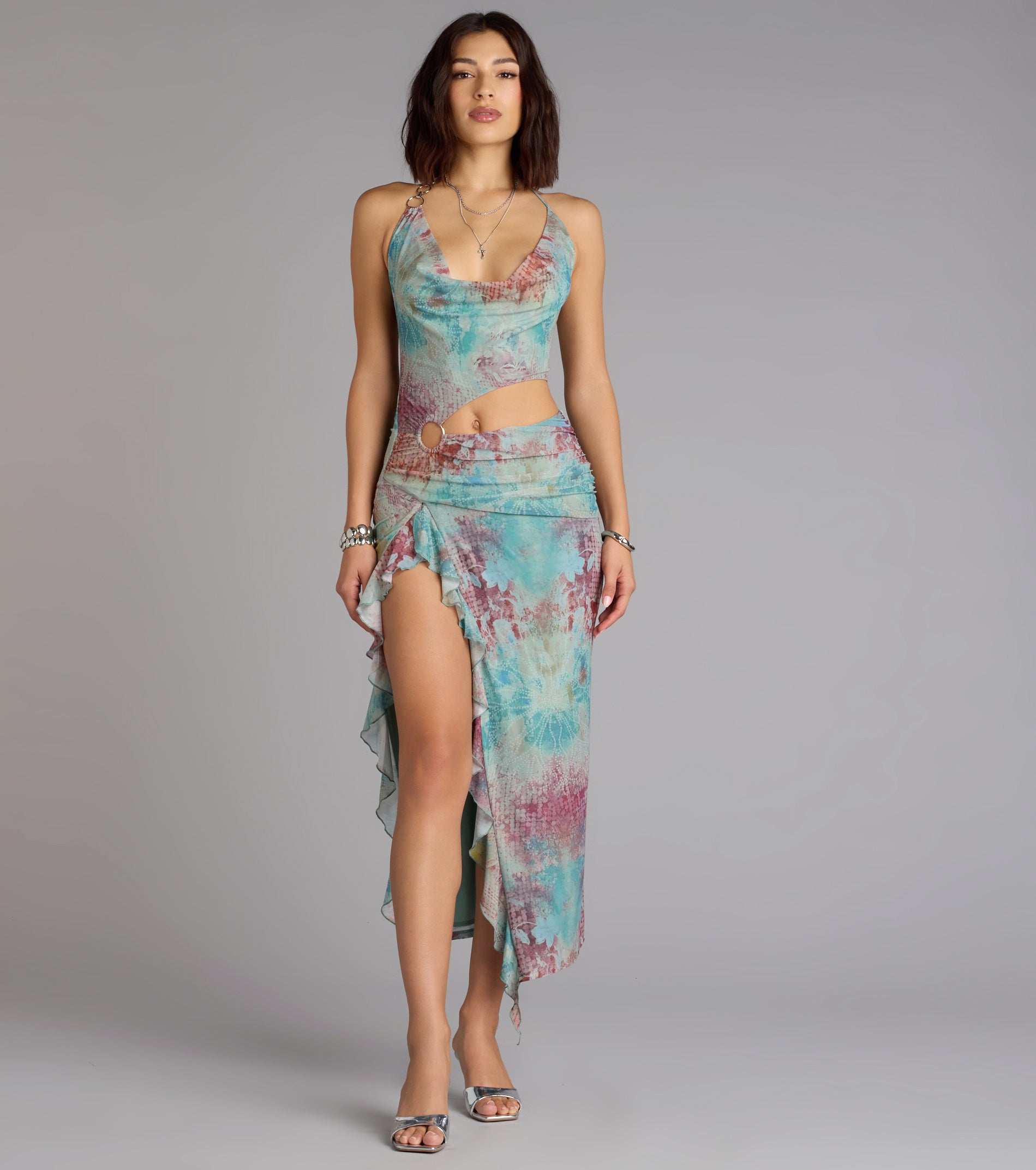 Wild Instincts Halter Cutout Leopard Mesh Midi Dress - Image 6