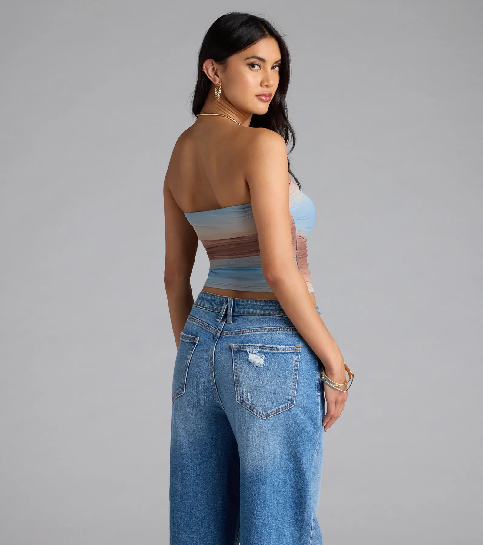 Artsy Allure Abstract Print Mesh Tube Top - Image 2