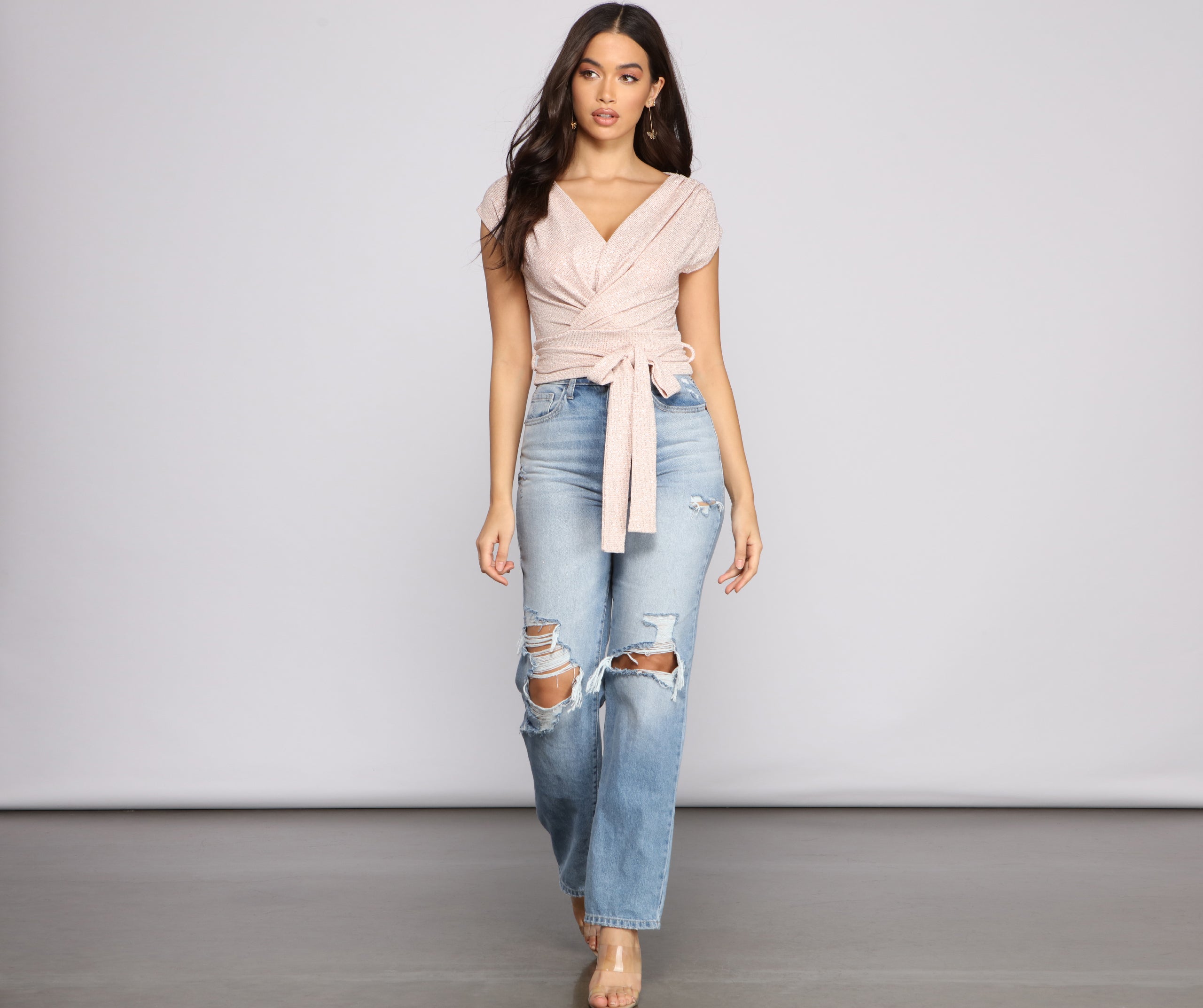Sassy Shine Glitter Lurex Tie Waist Top - Image 3