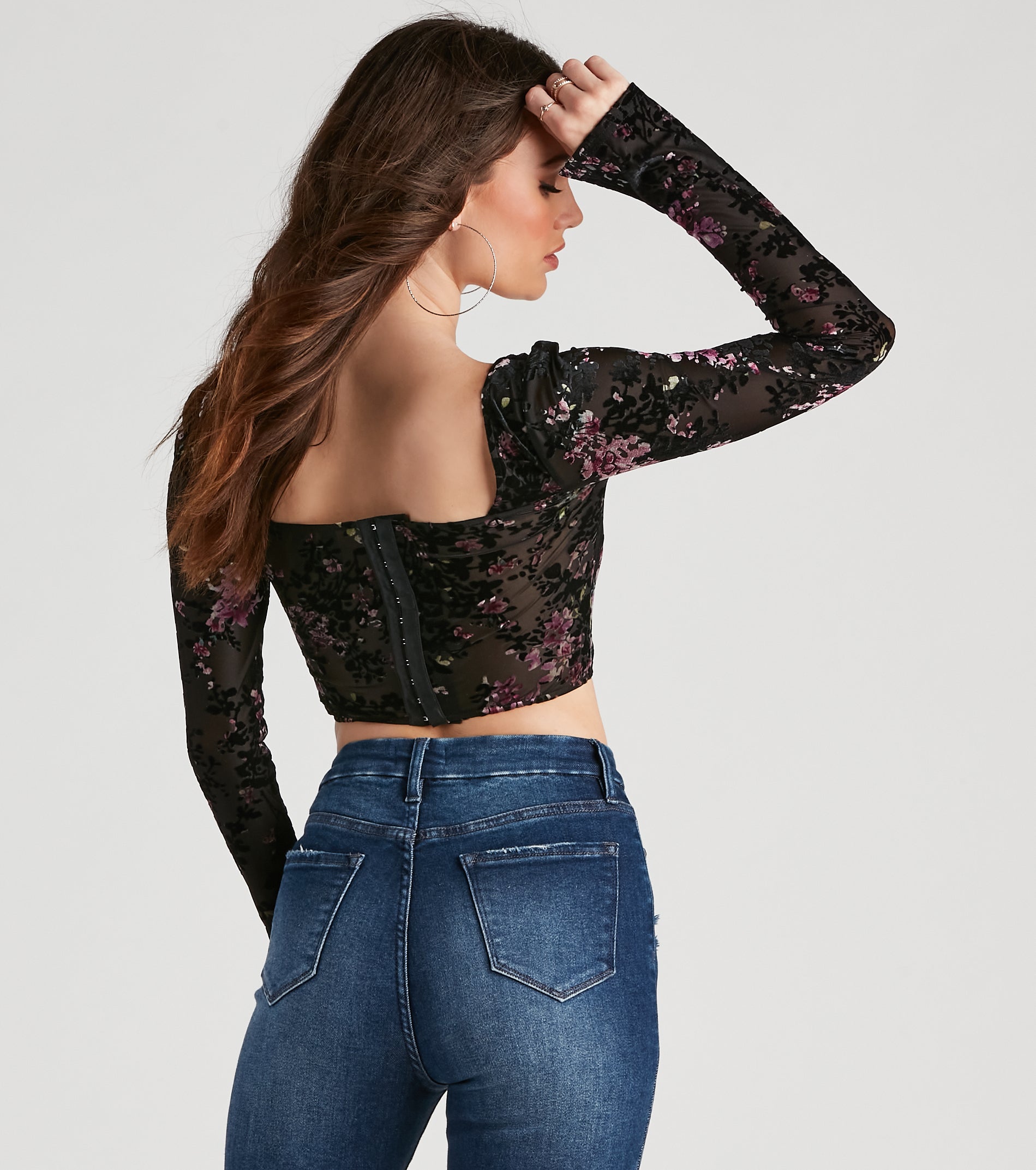 Trendy Florals Flocked Velvet Corset Top - Image 2