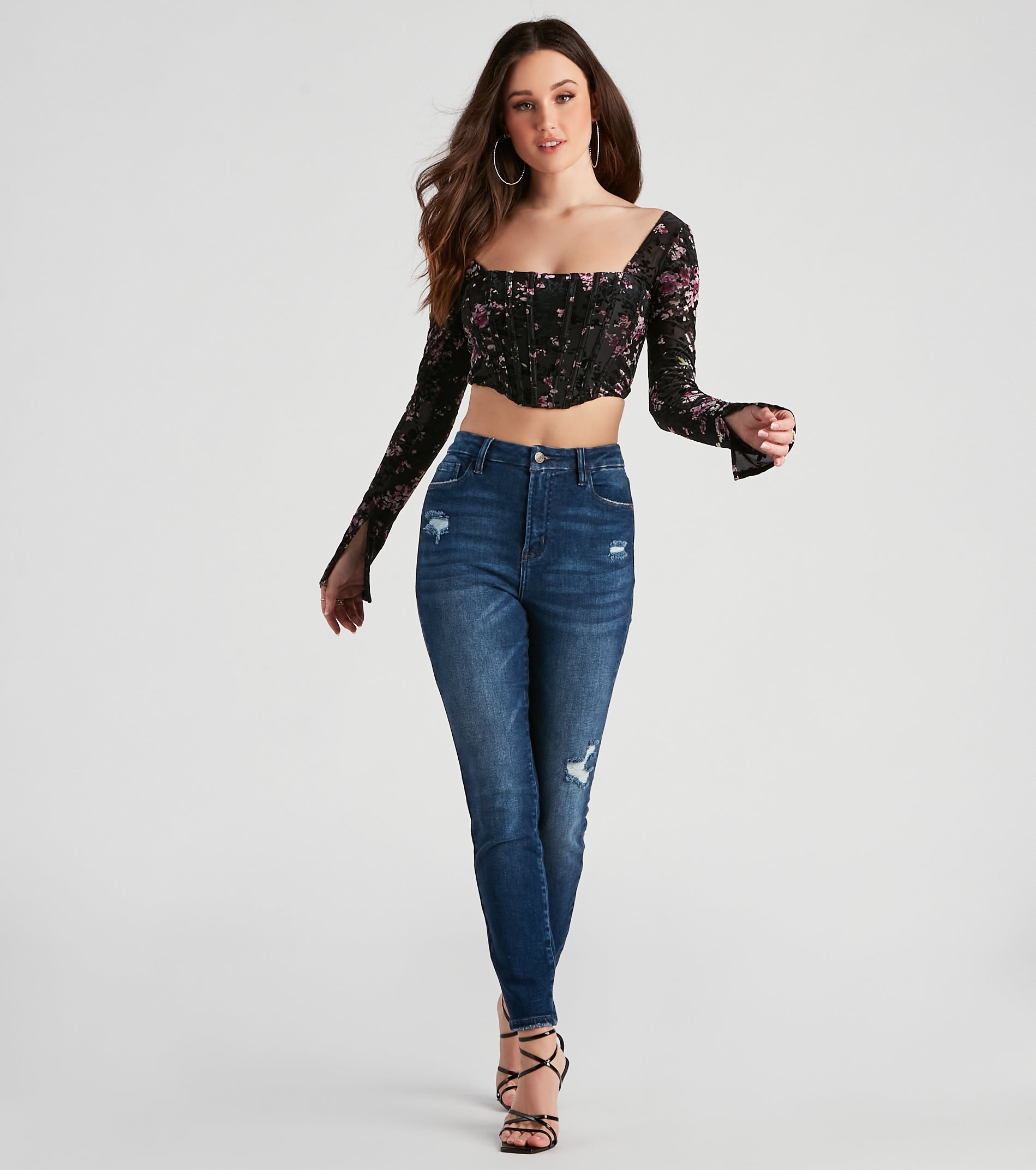 Trendy Florals Flocked Velvet Corset Top - Image 3