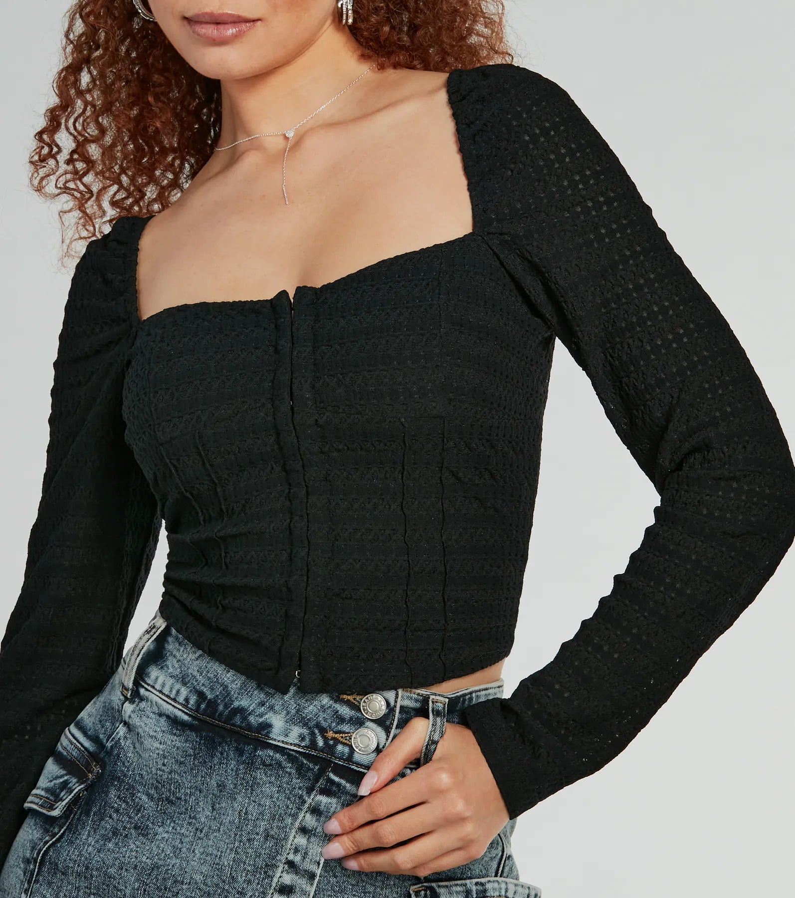 Sweet 'Fit Long Sleeve Textured Knit Corset Top - Image 4