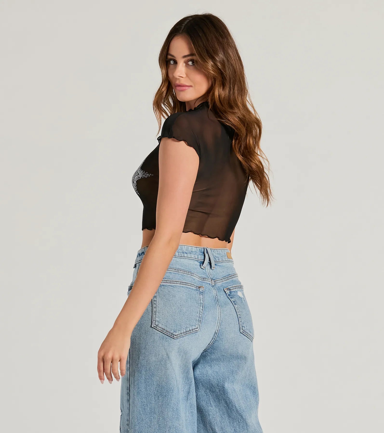 Born Star Rhinestone Sheer Mesh Crop Top - Image 2