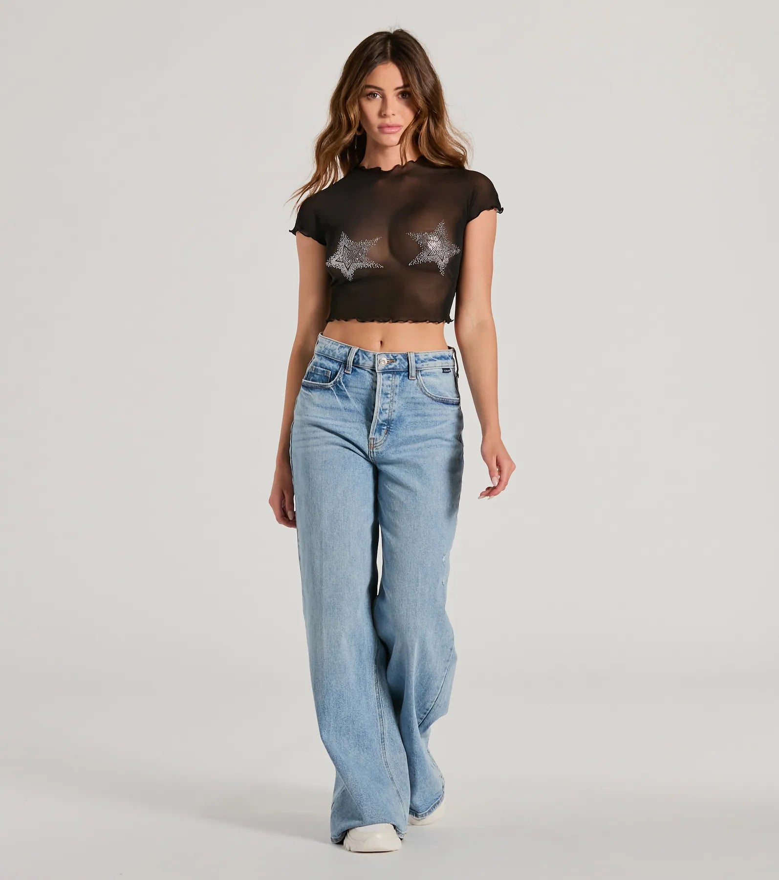 Born Star Rhinestone Sheer Mesh Crop Top - Image 4