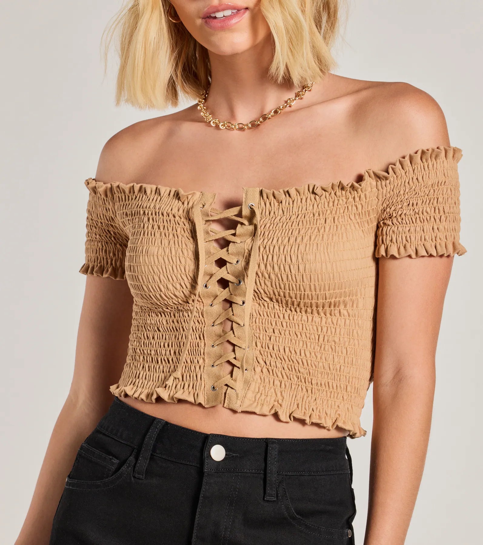 Sweet As You Off-The-Shoulder Lace-Up Crop Top - Image 4