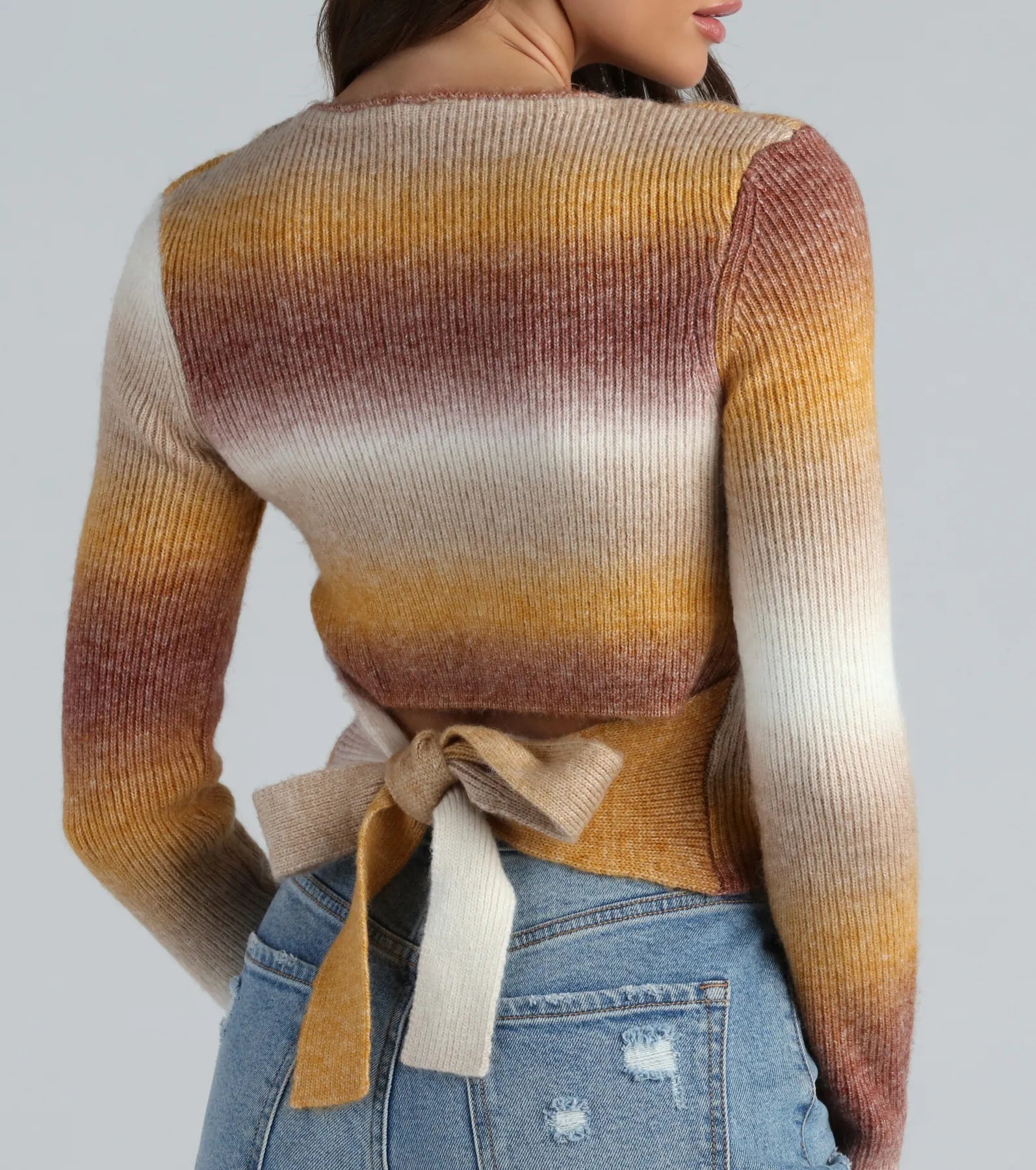 Sunset Ombre Stripe Tie Back Crop Sweater - Image 3