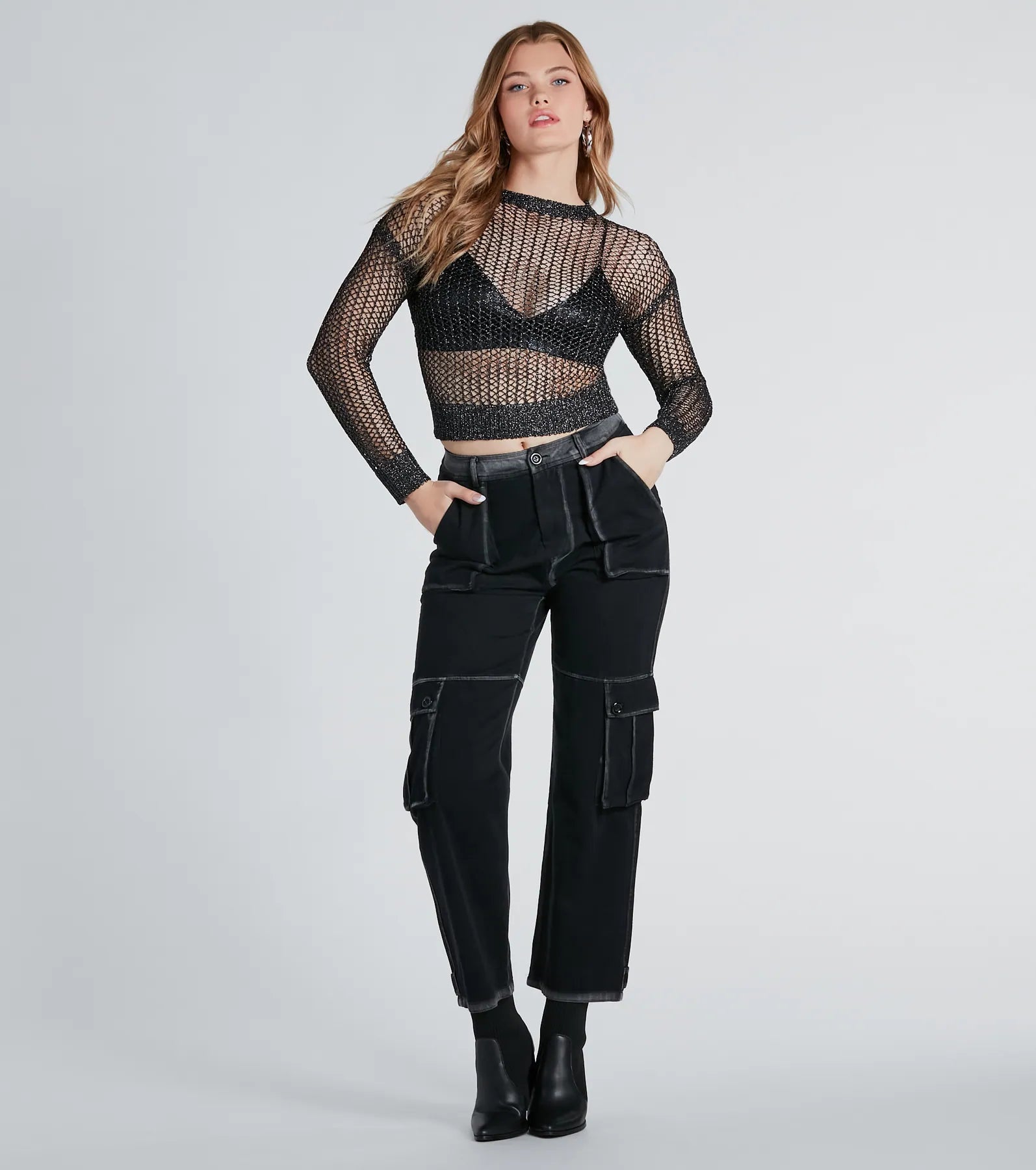 Luxurious Twist Fishnet Sweater With Bralette - Image 8